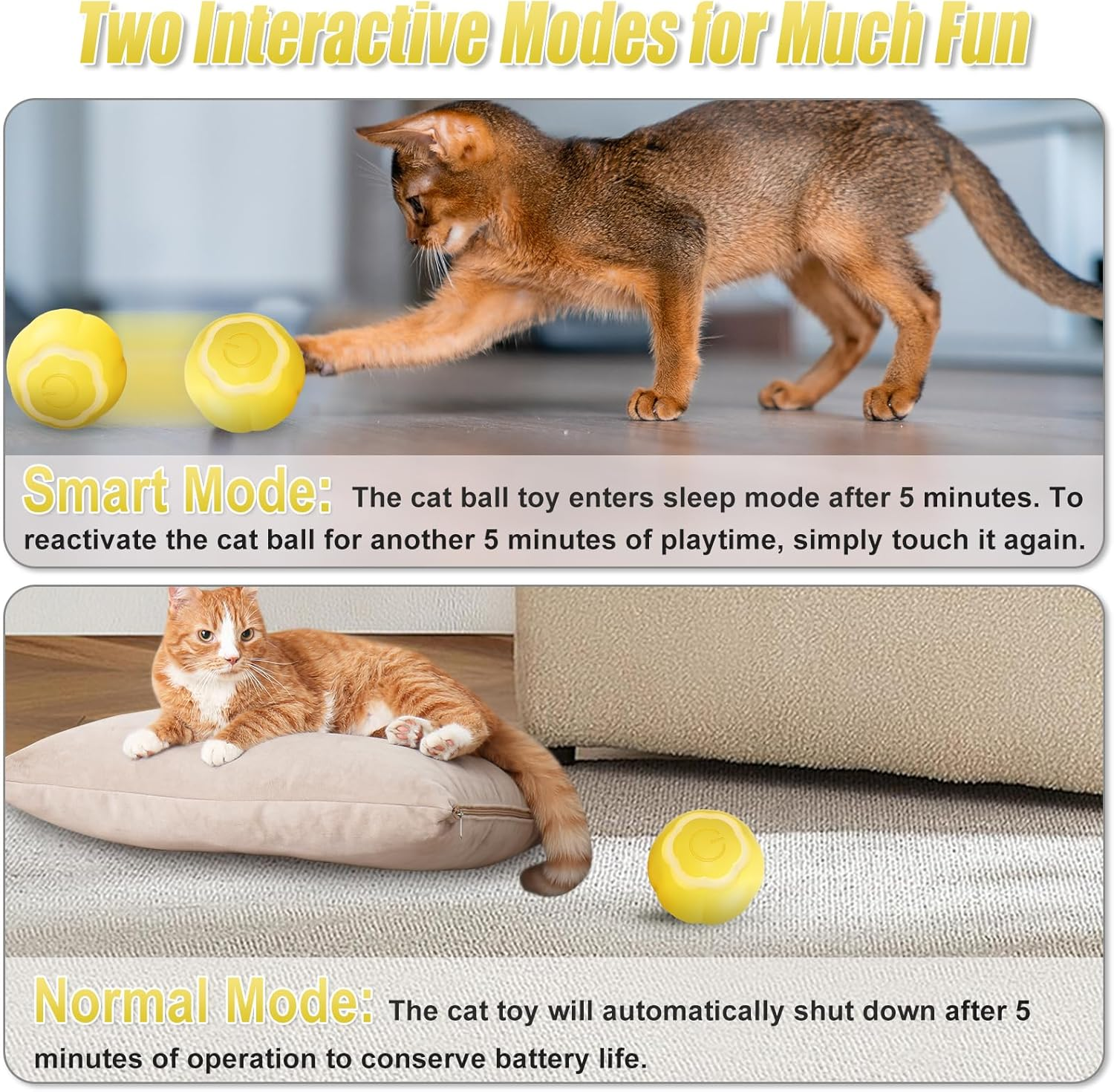 Electric Cat Toy with LED Light, 360 Degree Automatic Cat Ball, Type-C Rechargeable Interactive Cat Toy, Self-Rolling Ball, Intelligent Cat Toys for Cats (Yellow) image number 2