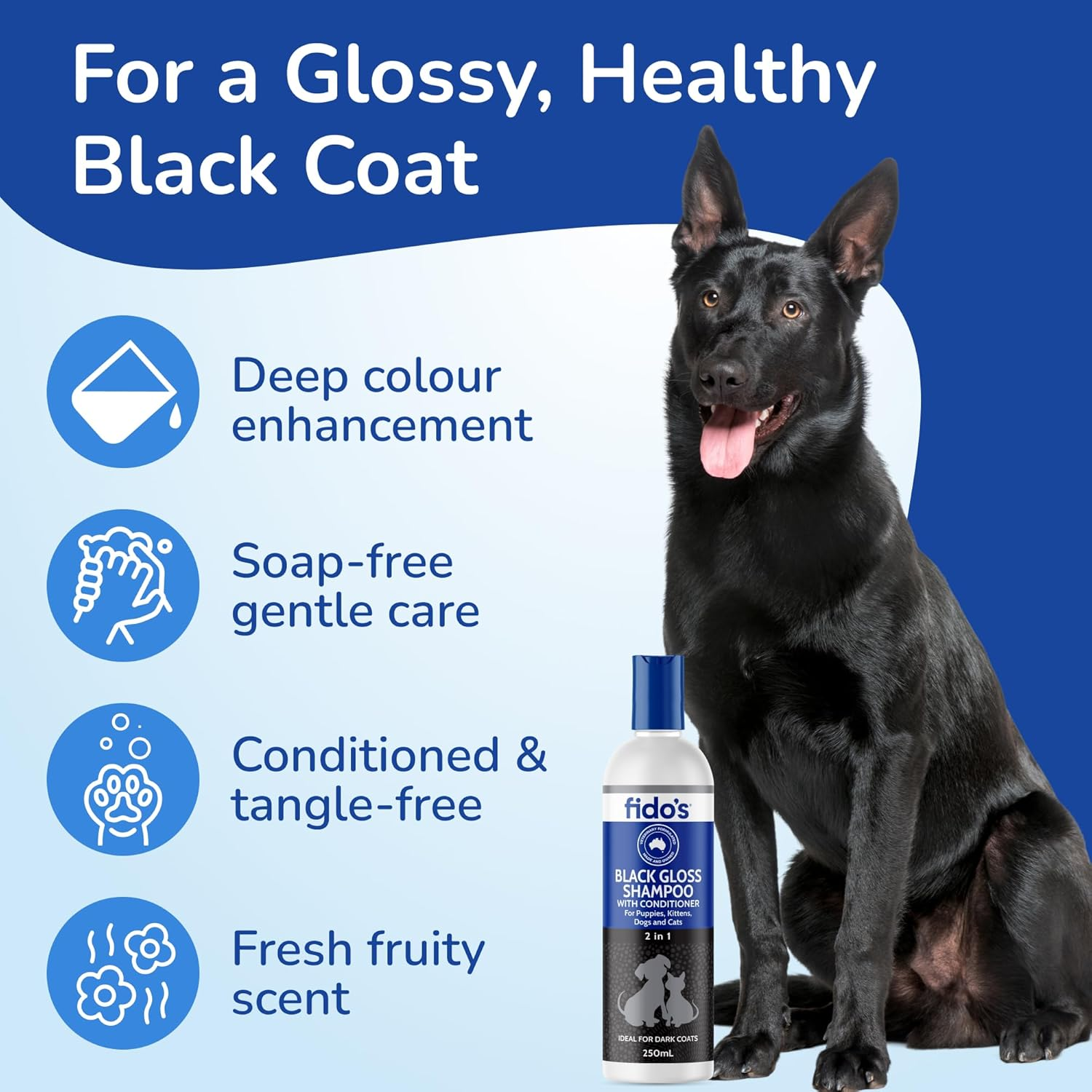 Fido&rsquo;S Black Gloss Shampoo 250Ml Soap Free Colour Enhancing Formula for Black and Dark Coloured Coats with Softening Conditioner and Strong Fruity Scent image number 6