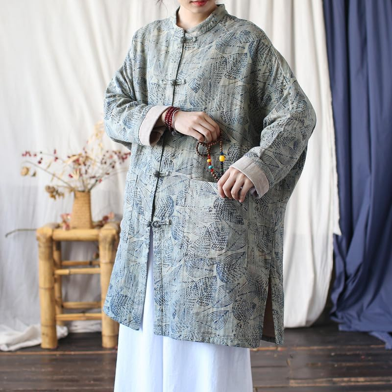 Women'S Vintage Chinese Style Cotton Linen Jacket Long Sleeve Frog Button Loose Leaf Print Tunic Top image number 1