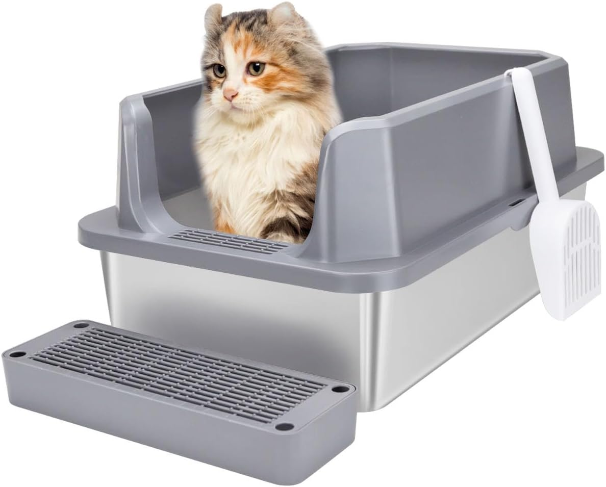 RIZZARI Stainless Steel Cat Litter Box, Semi-Enclosed Litter Box with Raised Edges, Anti-Leakage & Odorless, Large Litter Box for Small to Large Sized Cats (White)
