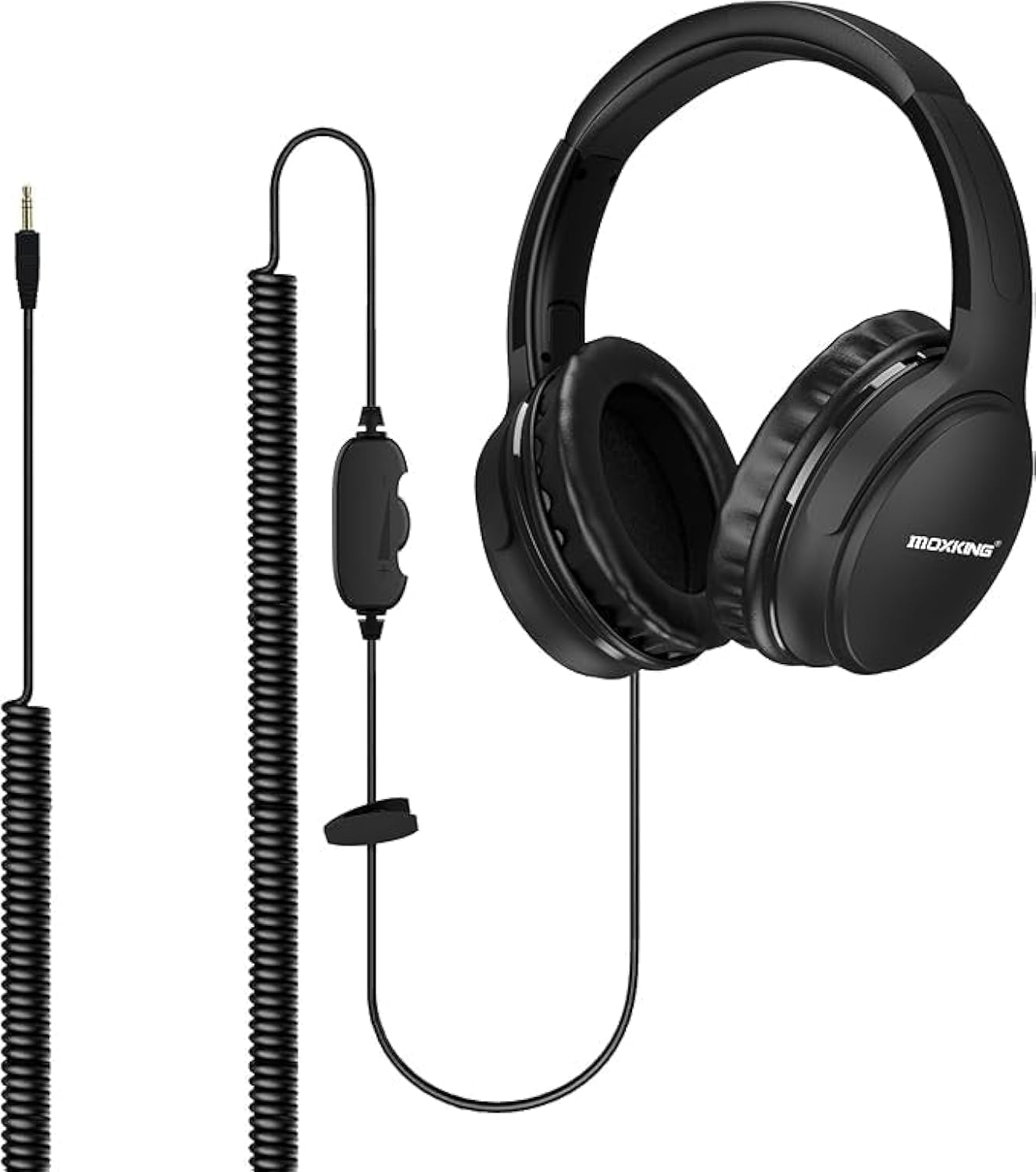 19.5Ft / 6M Extra Long Cord Headphones for TV PC with Volume Control, Spring Coiled Cable, 3.5Mm AUX, Wired over Ear Earphones for Seniors Hard of Hearing, Large Comfortable Computer Headset