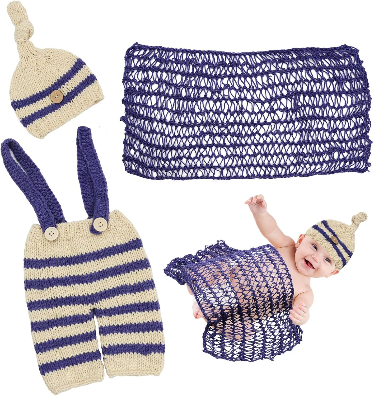 3 PCS Newborn Photography Prop Baby Hat Knitted Handmade Cover Diaper with Toddler Swaddle Blankets Wraps for Infant Boy Girl Princess Twins(0-3Months) image number 6