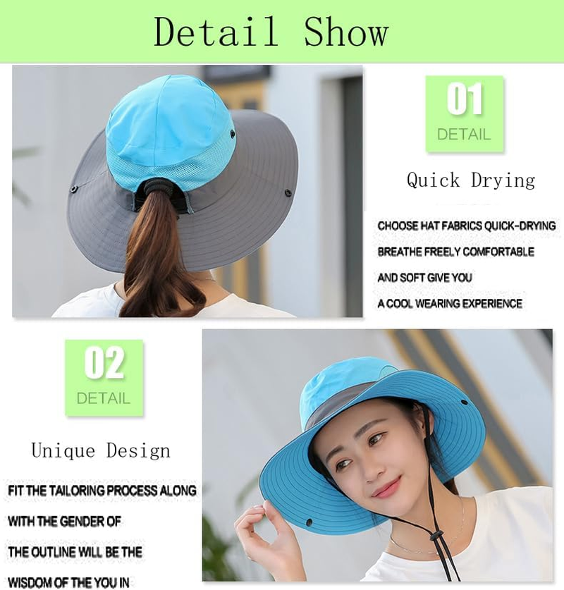 Womens-Summer-Sun-Hat Outdoor Breathable-Uv-Protection-Fishing-Hat Wide Brim Foldable-Beach-Bucket-Hat with Ponytail-Hole image number 5