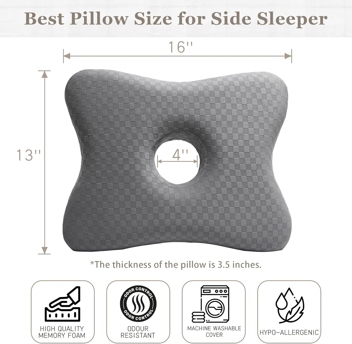 Piercing Pillow | Memory Foam Ear Piercing Pillow for Side Sleepers, Pillow with an Ear Hole for Ear Pain Relief, Ear Guard Pillow, Ear Hole Pillow for Piercings, Earplugs, and Headphones (Light Grey) image number 6