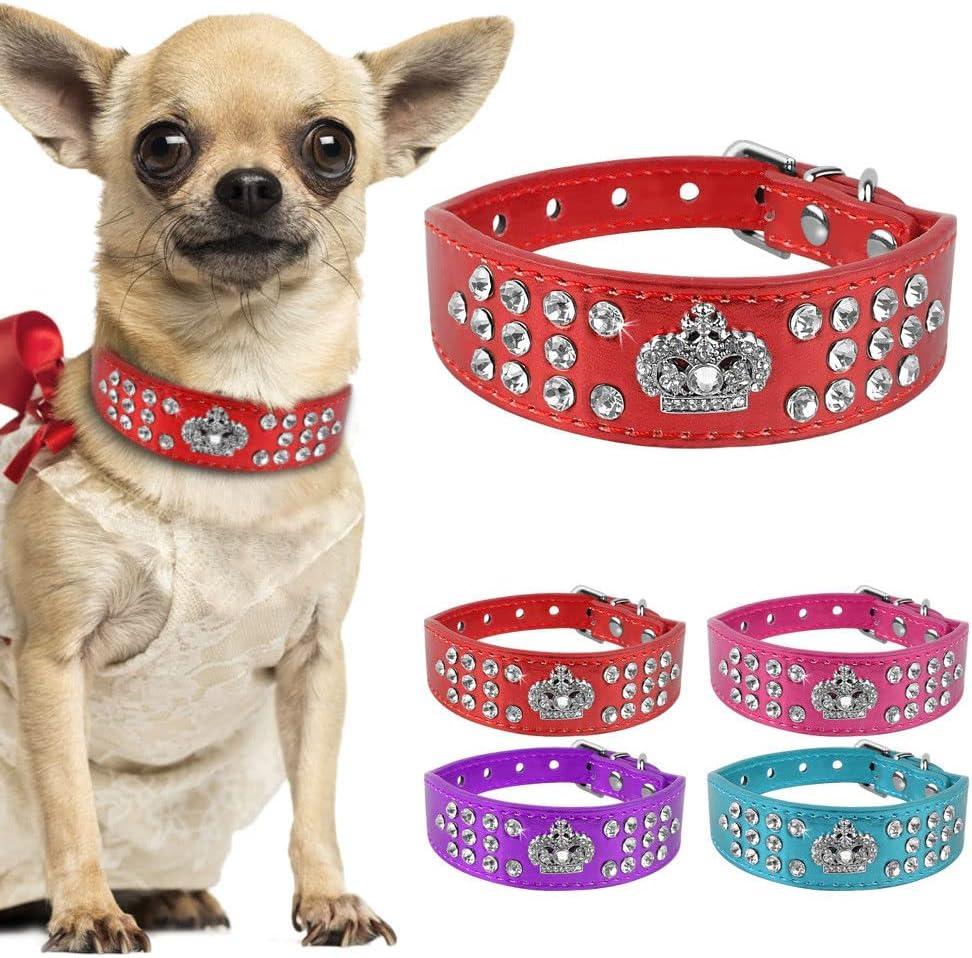 Rhinestone Dog Collar, Crown Rhinestone Diamante Jewelry Crystal Adjustable PU Leather Pet Dog Cat Puppy Collar (M:10-12.5", Blue) - Blue image number 3