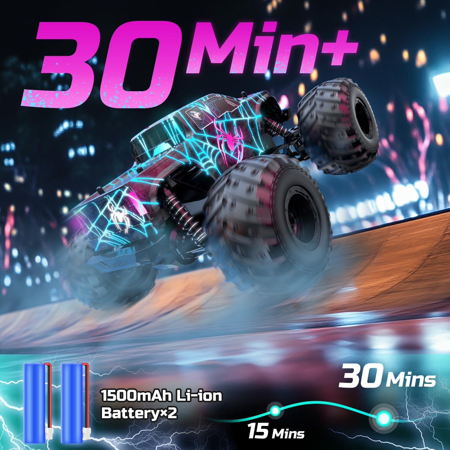 DEERC 1/16 Glowing Spider Remote Control Car - 15KM/H Fast RC Cars W/2 Rechargeable Batteries for 30 Mins Play, All Terrain Off-Road Monster Truck Toys for Boys Kids Age 4-7 8-12 image number 1