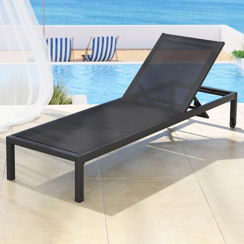 Gardeon Sun Lounge Outdoor Lounger Aluminium Folding Beach Chair Wheels Black image number 3