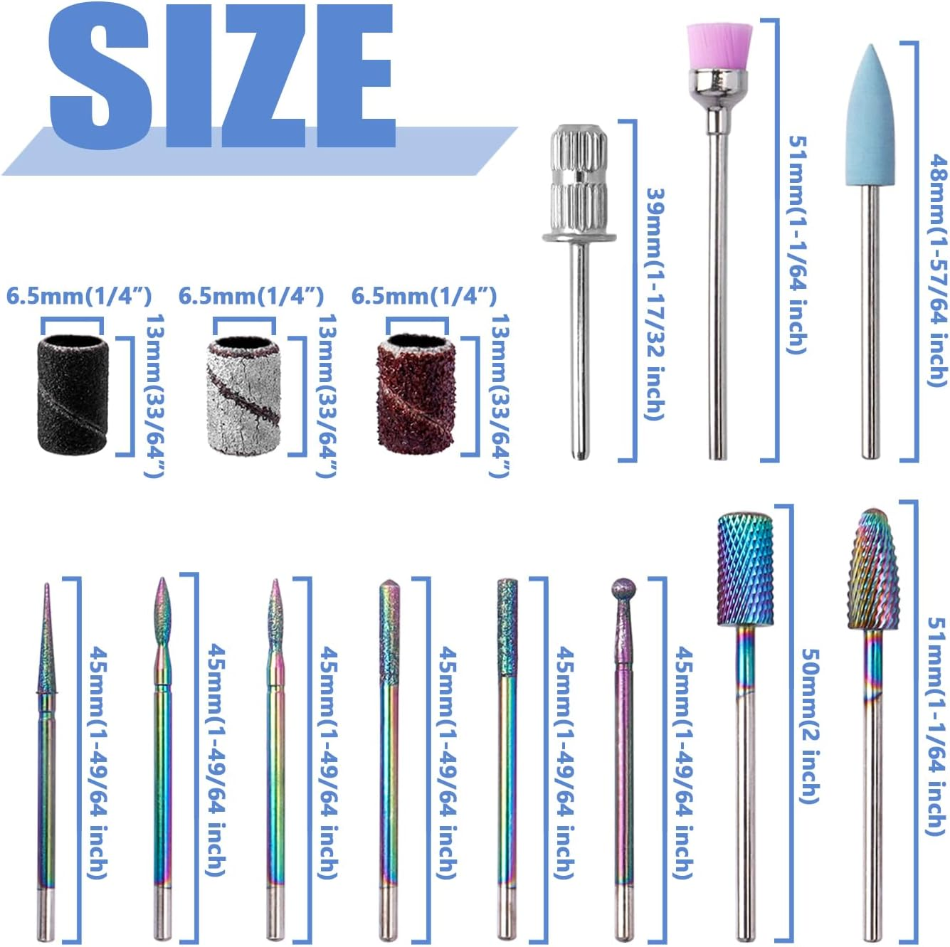 Bestgle Nail Drill Bits Set 10 Pcs Tungsten Carbide Nail File Bits and 75 Pcs Nail Sanding Bands with 1 Pc Mandrel Bit Gel Acrylic Nails Cuticle Remove Bits Electric Rotary Burrs for Nail Manicure Pedicure image number 4