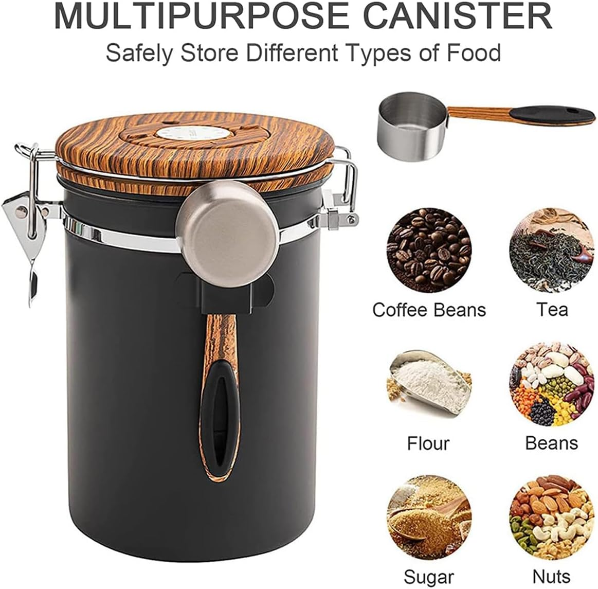 AIMALL Coffee Storage Canister with Day Schedule, Vacuum Sealed Jar with Spoon and Date Tracker, Airtight Stainless Steel Tea Powder Container in Wood Grain and Black