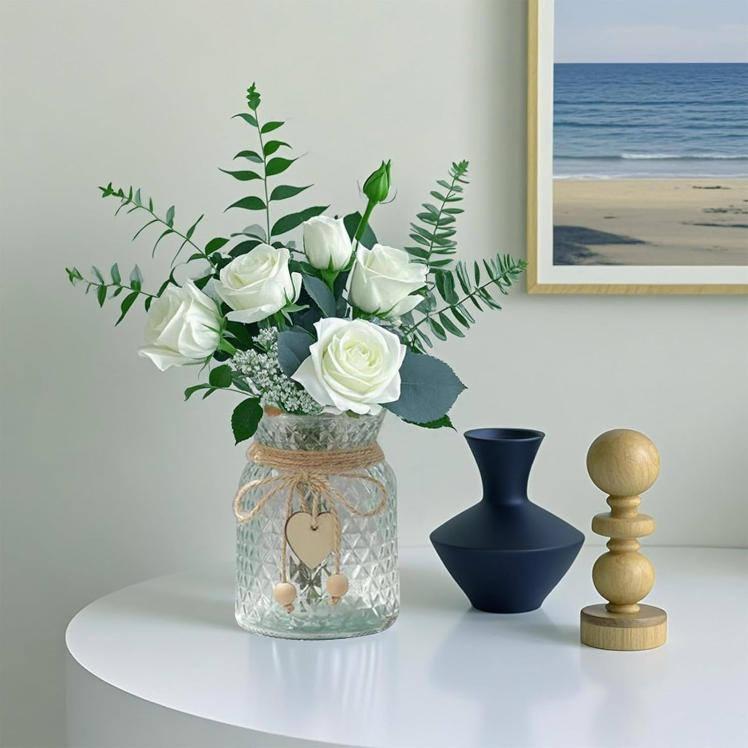 Clear Glass Flower Vase Small Flower Vases Home Decor Vintage Embossed Design for Home Office Farmhouse Bathroom Dining Table Centerpiece Decorations Coffee Table Decor Boho Decor (White) image number 4