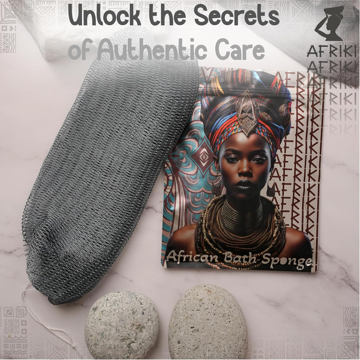 AFRIKI African Net Sponge, Authentic African Exfoliating Sponge, Black Owned, Back Scrubber, 45Inch Long, for Normal to Sensitive Skin, for Daily Use, Sky Collection (Slate)
