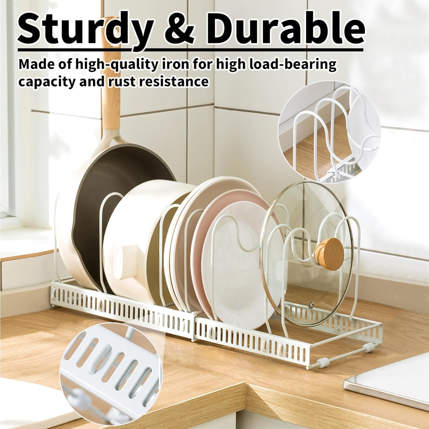 Yharnamite Expandable Pans Organizer Rack, Pot Lid Holder with 10 Adjustable Compartments, Expandable Cookware Rack, Kitchen Organisation Pot Rack for Kitchen Cabinet Organizers and Storage (White) image number 2