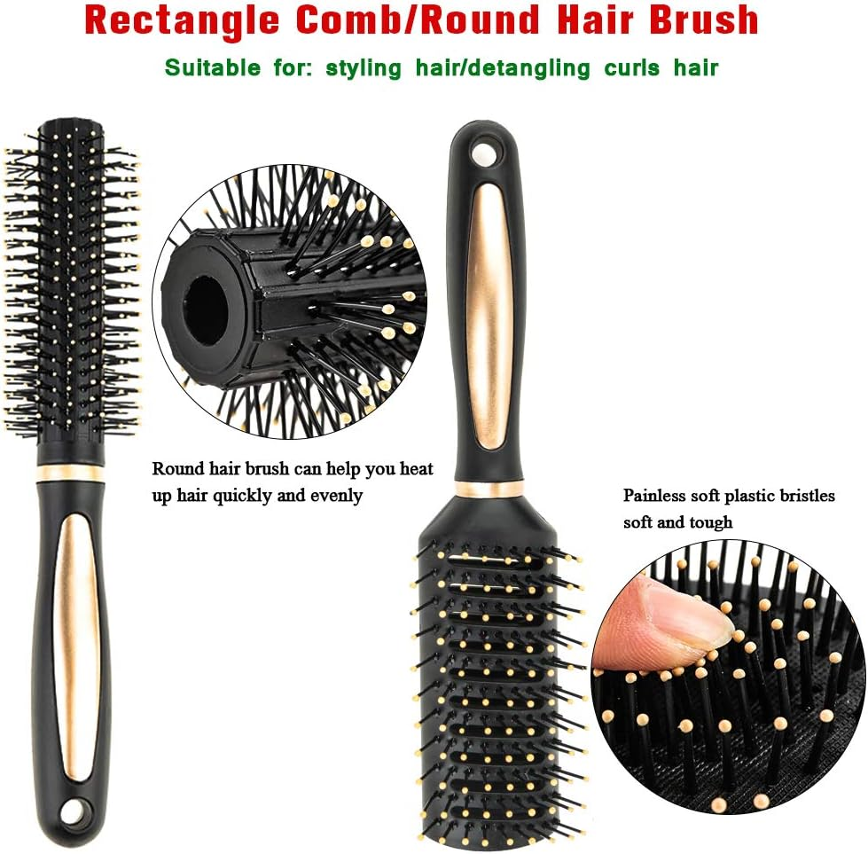 5 Pieces Hair Brush Set Detangling Brush Paddle Brush round Hair Brush Tail Comb Wet Dry Brush for Women Men Hair Styling (Black) image number 5