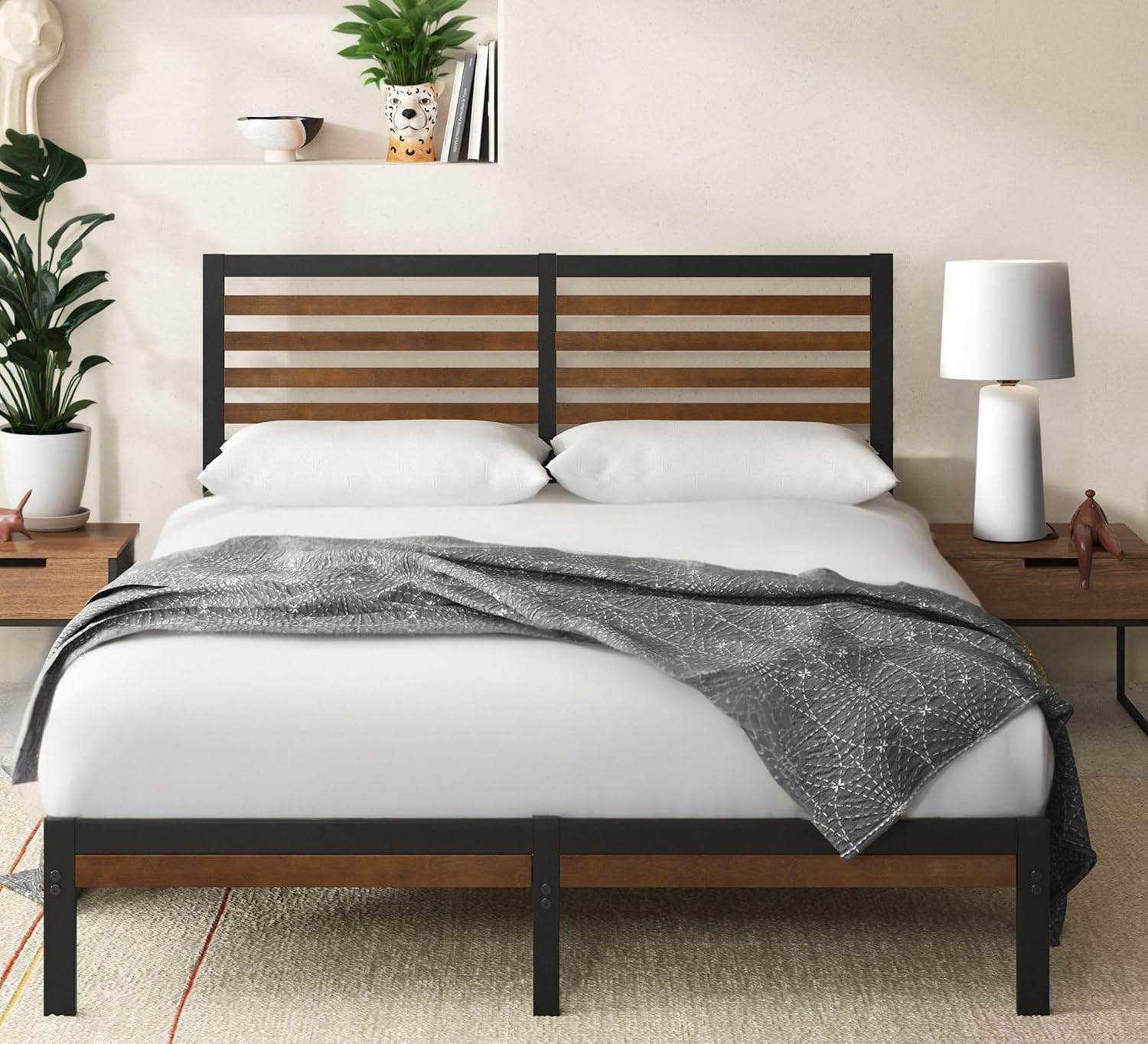 Zinus Kai Bamboo and Metal Bed Frame Hybrid Platform Base with Footboard - Queen