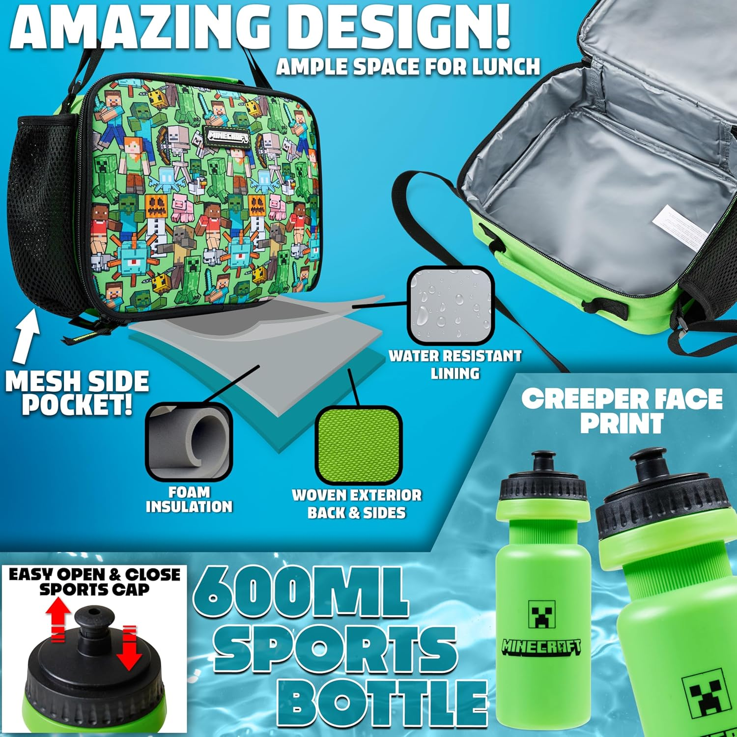 Minecraft Backpack Set 5 Pcs Water Bottle Insulated Lunch Bag Pencil Case Drawstring Bag or Lanyard Keyring School Supplies, Green AOP, Set of 5, Backpack Set 5 Pcs image number 4