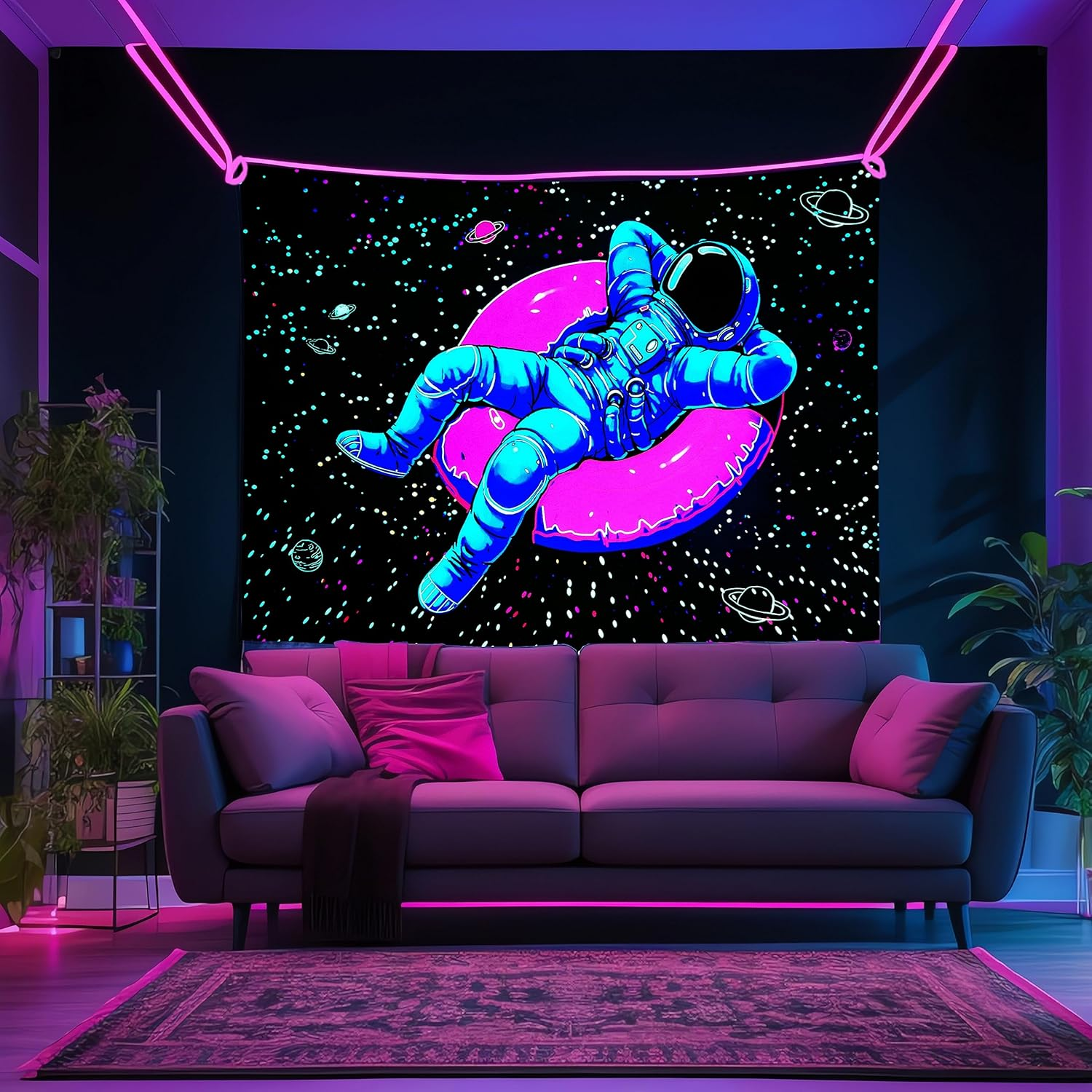 Blacklight Space Astronaut Tapestry for Men Guys Bedroom Black Light Cool Stars Galaxy Tapestries Glow in the Dark Spaceman and Poster Wall Hanging Bedroom Accessories Men 52"X60" image number 3