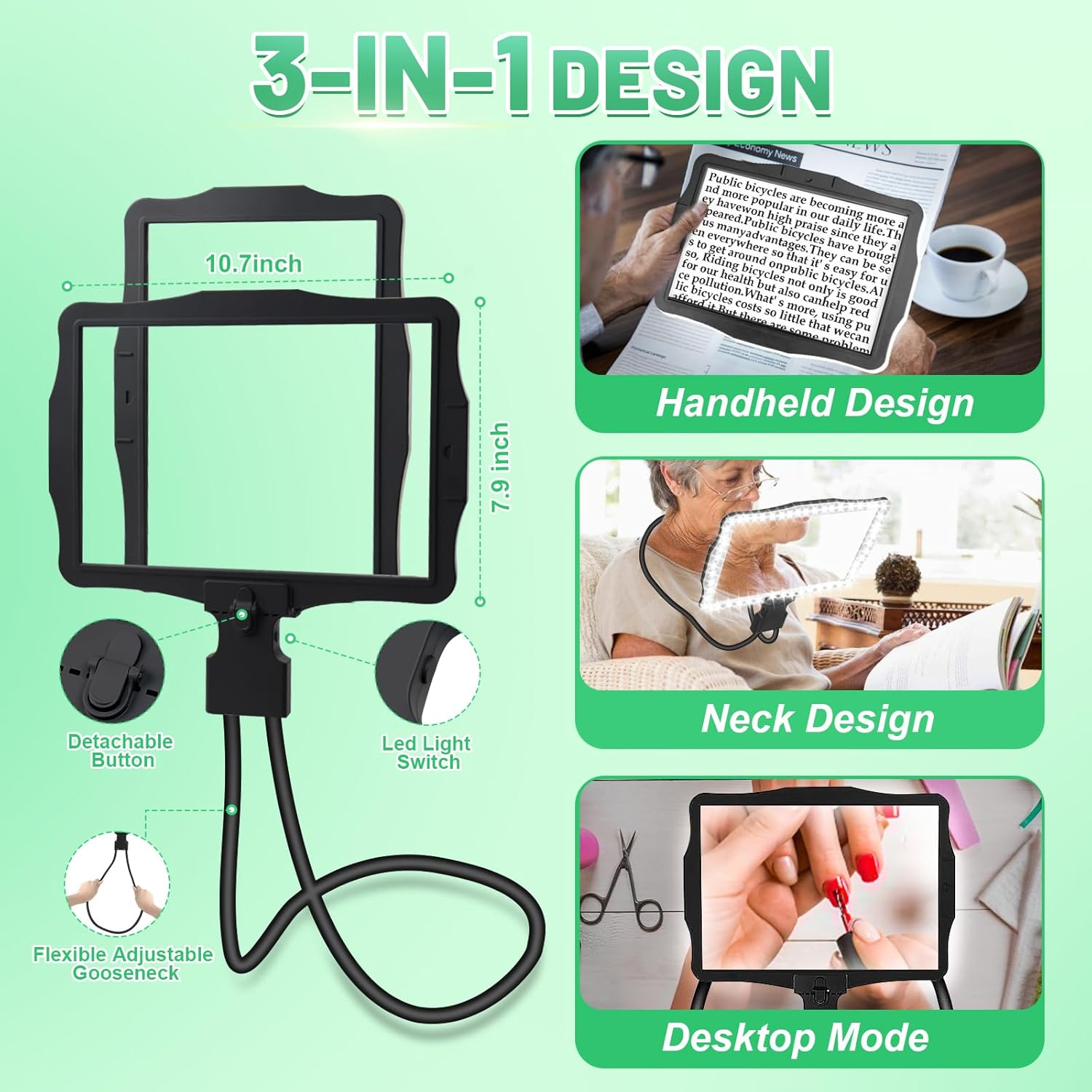 10X Large Magnifying Glass with Light for Reding,Book Page Hands-Free Magnifier with 50 Led Light Neck-Wear Flexible Gooseneck Magnifying Glass for Elderly,Close Worker,Embroidery,Sewing,Crafts image number 1