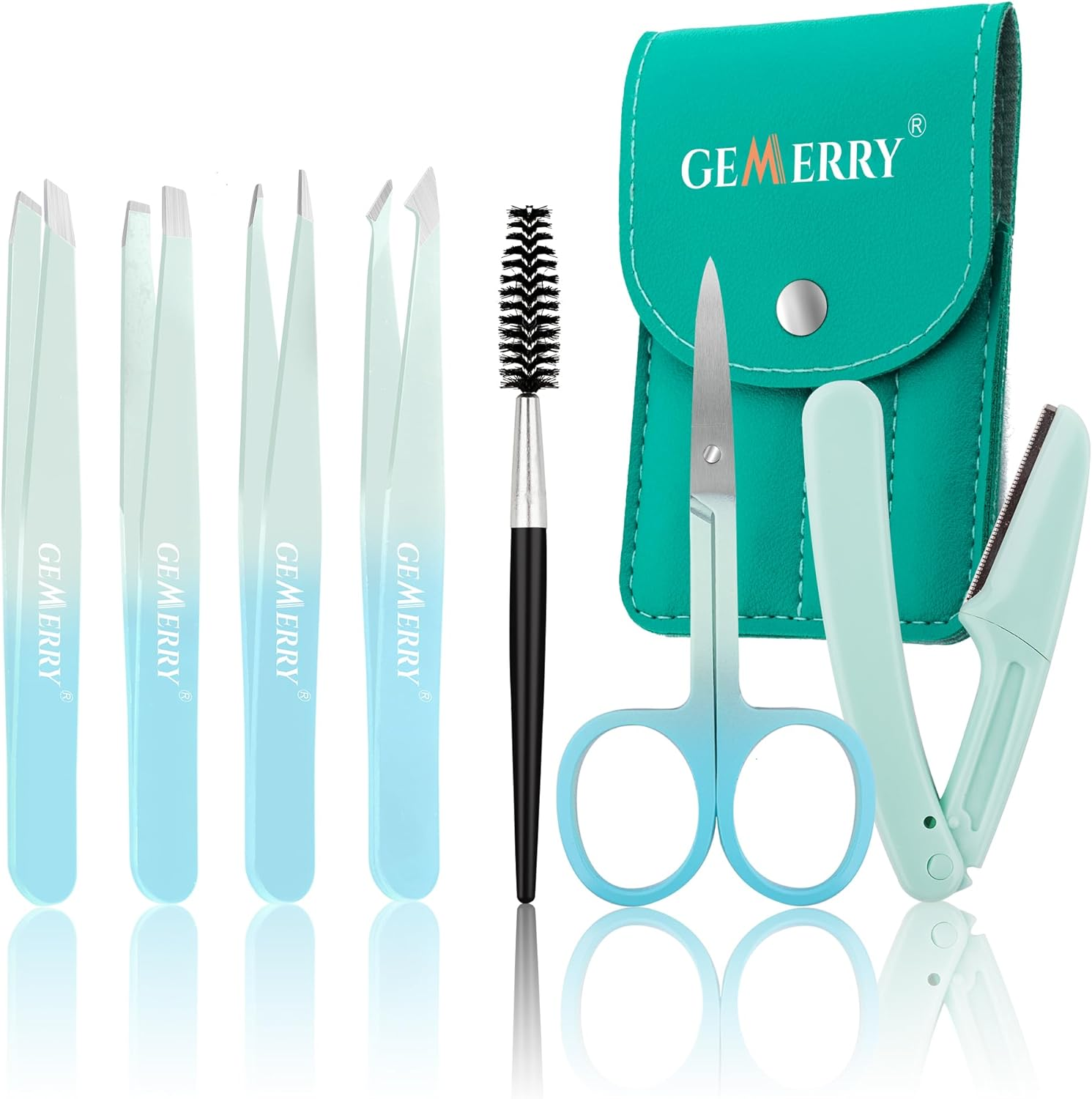 GEMERRY Tweezers Set 7Pcs for Facial Hair Women - Precision Tweezers Set with Travel Case - Stainless Steel Tweezers for Eyebrows with Scissors, Razor for Ingrown Hair (Blue)