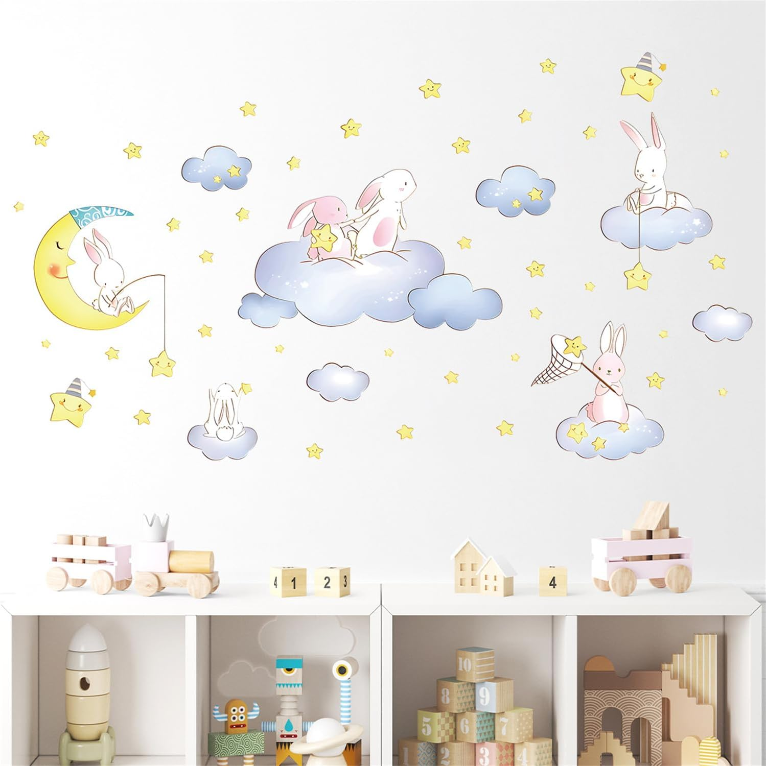 Cartoon Cute Rabbit Wall Decal the Moon and Stars Cloud Bunny Wall Stickers Nursery for Bedroom Girls Decor - K image number 6