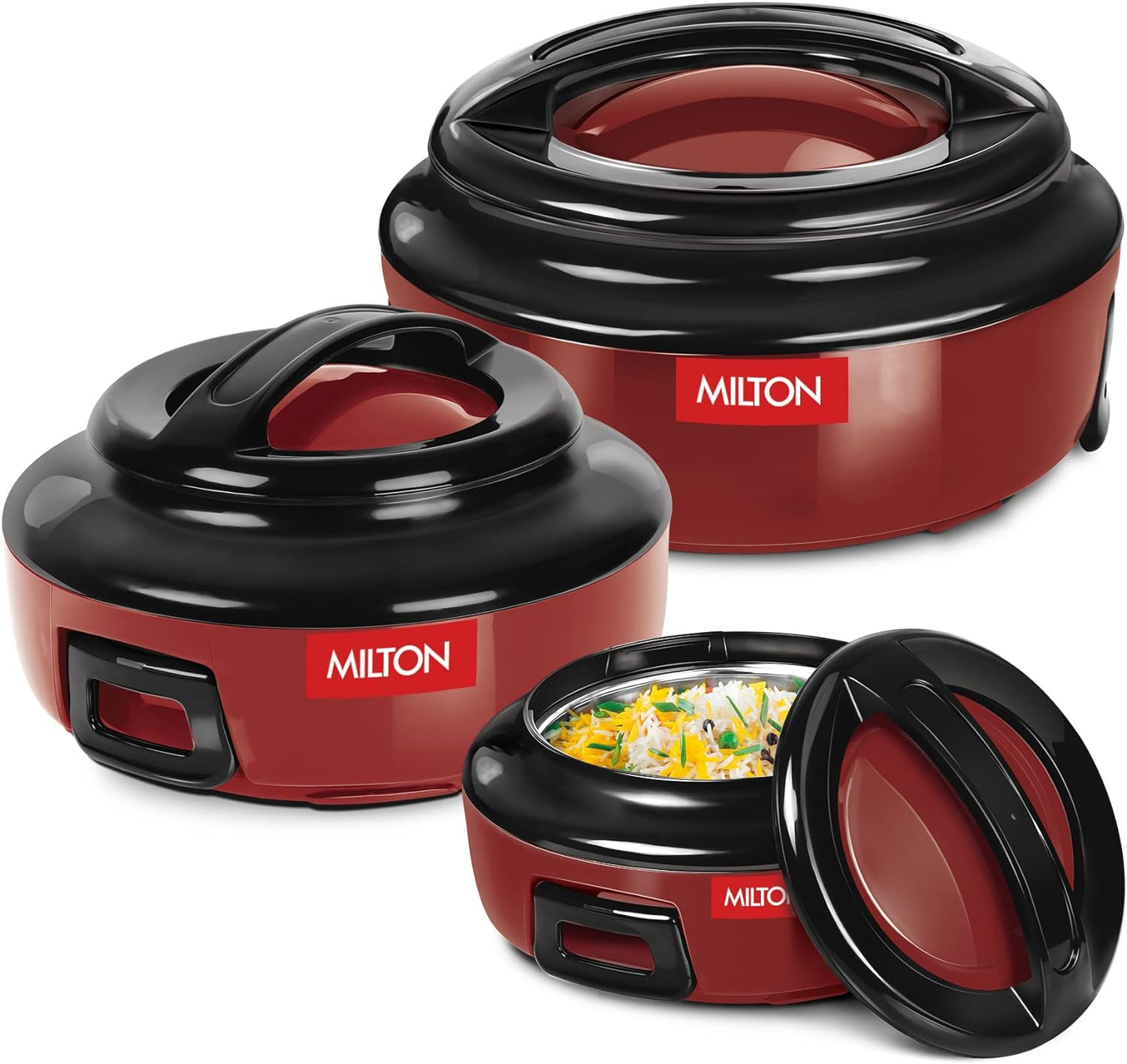 Milton Casserole for Hot Food, Double Walled Insulated Inner Stainless Steel Hot Pot with Lid, Serving Box for Food and Roti, Serving Bowl, Microwave Set of 3 (420 Ml, 850 Ml, 1.43 Lit),Ernesto - Red