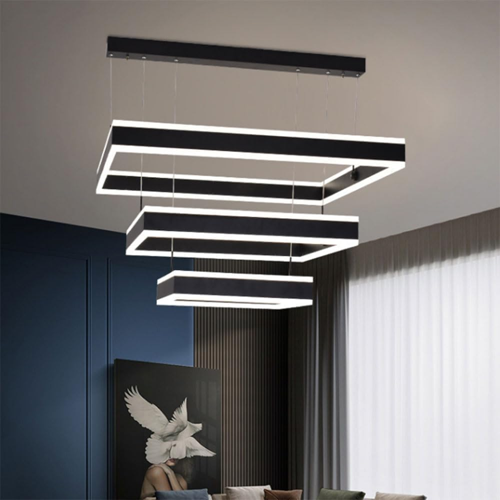 BAMDECOR A18882/3A 3 Rings Black Modern Minimalist Square Pendant Light Adjustable LED Chandelier for Bar, Dining Room, Office