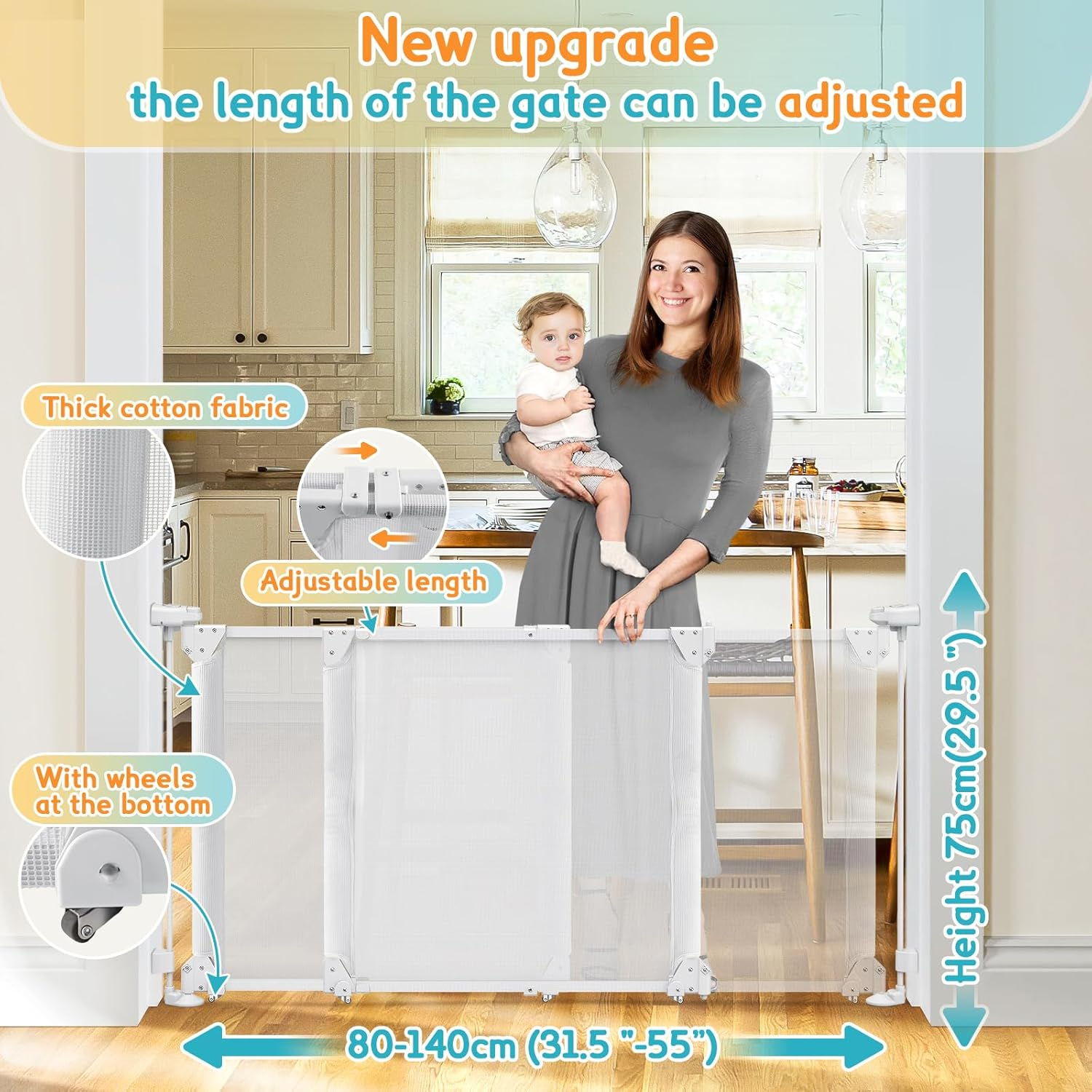 Foldable Baby Gate, Adjustable Baby Gates for Doorways, Dog Gate Adjustable Width 80 to 140Cm, 75Cm Tall Pet Gate One Handed Operation, Mesh Safety Gate for Stairs/Hallways/Outdoor/Indoor image number 3