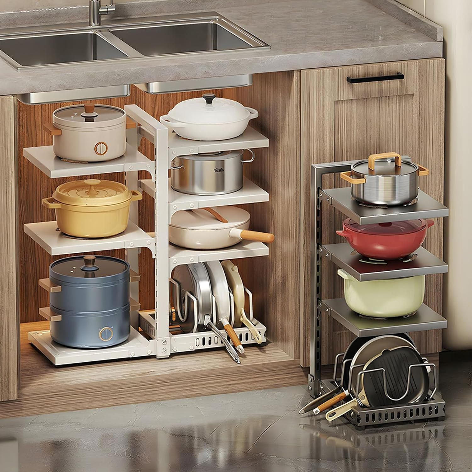 Heyinova Pots and Pans Organizer, 7-Tier Adjustable Pot Rack for Kitchen Cabinet Storage, Heavy Duty under Cabinet Pan Organizer (Black) image number 5