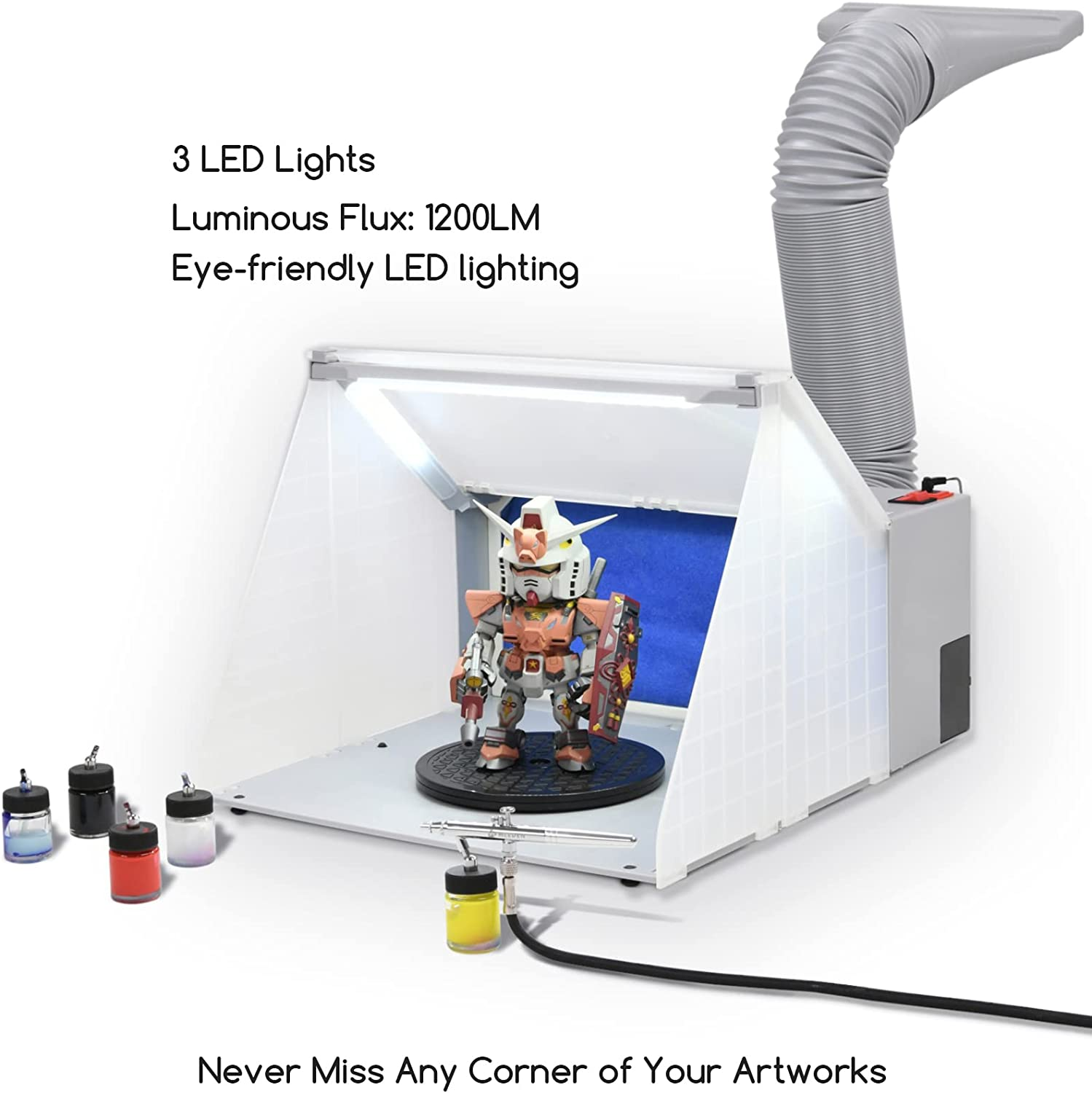 MEEDEN Airbrush Hobby Spray Booth with 3 LED Light Turn Table and Filter Hose, Large Capacity Portable Airbrush Spray Booth Kit for Painting All Art, Model, Craft, Hobby, DIY, Nails, T-Shirts & More image number 3