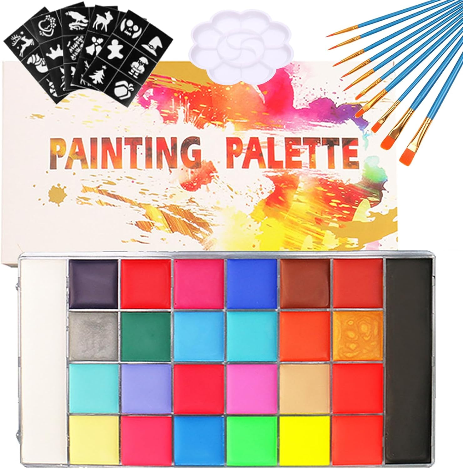 Face Painting Kit-26 Colors Body Face Paints Palette with 10 Professional Artist Brush and Stencils,Non Toxic Facepaint for Kids Adult for Halloween Cosplay Christmas Party SFX Arty Stage Makeup