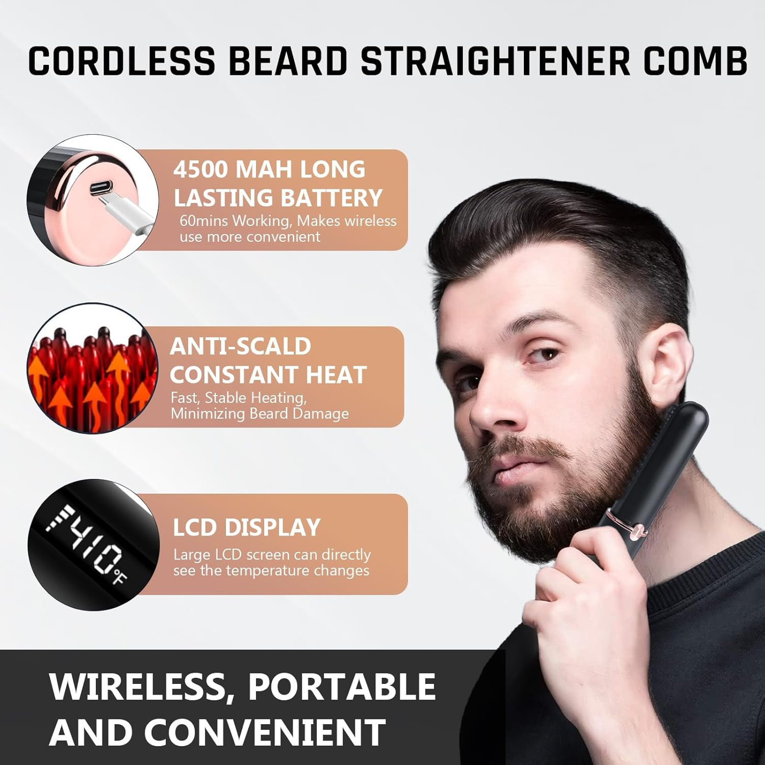 UOEPOWA Cordless Beard Straightener Comb & Hair Straightener Brush for Men or Women, 15S Fast Heat Up, Anti-Scald, 4 Tem Display, Auto Off, Portable Hair Straightening Comb for Travel, Father Gift image number 5