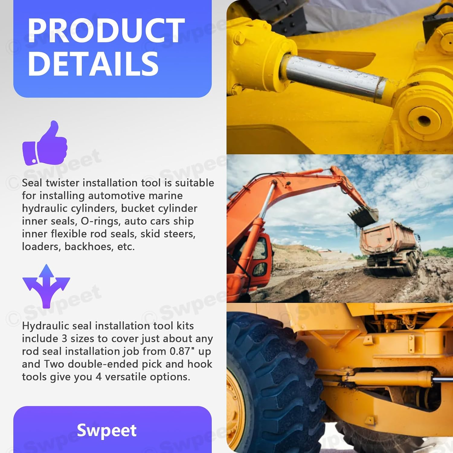 Swpeet 5Pcs Hydraulic Seal Installation Tool Hydraulic Cylinder Piston Repair Seal Tools U-Cup Rod Seal Twister Installation Tool with Pick and Hook Kit O-Rings Install Tool Set for Automotive（S/M/L） image number 5