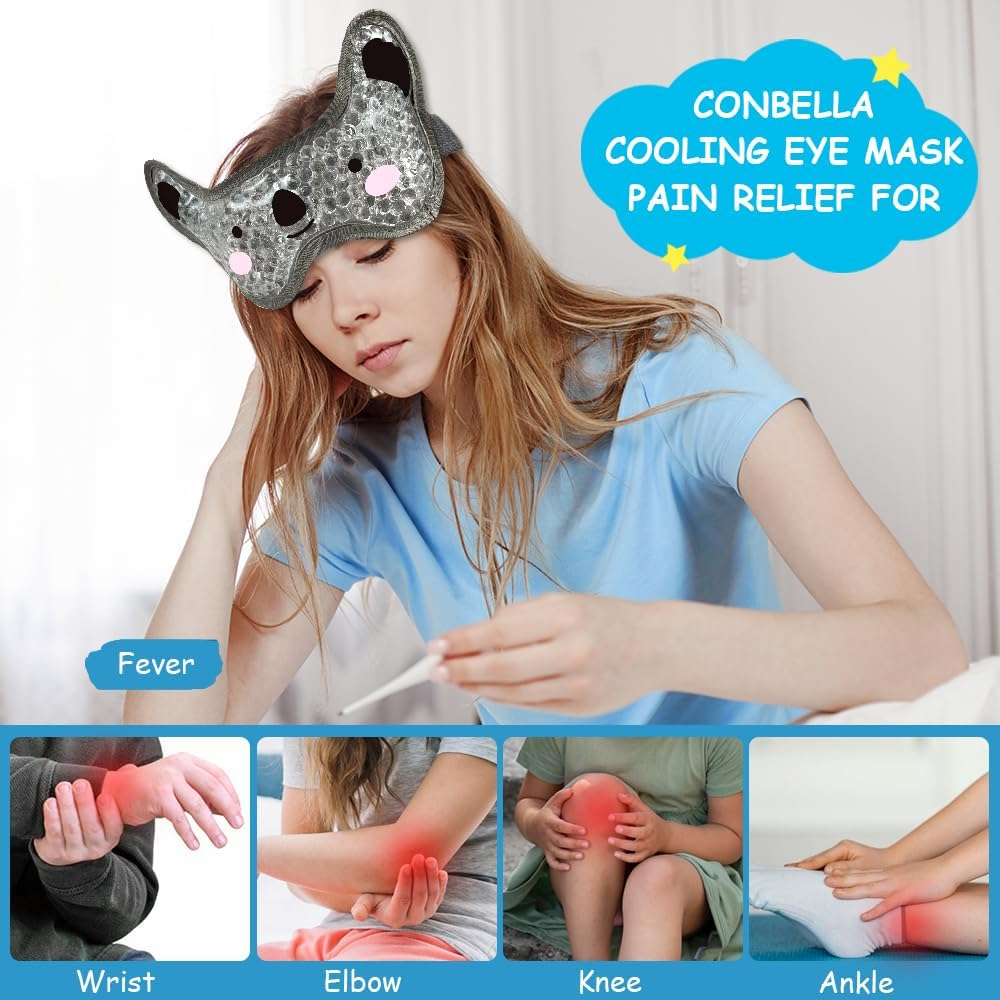 CONBELLA Kids Ice Packs 2 Packs Cooling Eye Mask with Soft Plush Backing for Children Boo Boos Sinus Headache Fever Patch for Kids (Green+Grey) image number 4