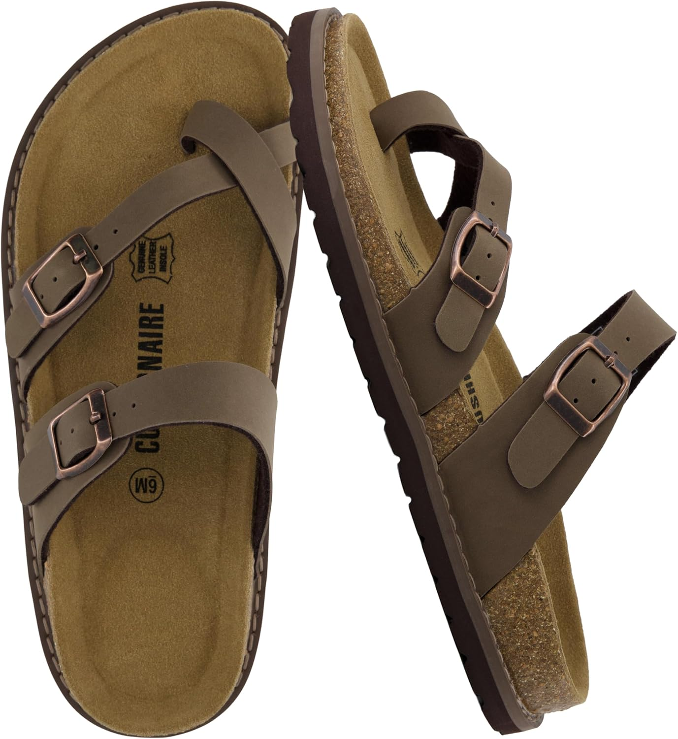 CUSHIONAIRE Pluto Cork Footbed Summer Sandals for Women Comfortable Slides with Adjustable Buckles, Toe Loop & Stitched Design &ndash; Stylish Slip on Women Footwear