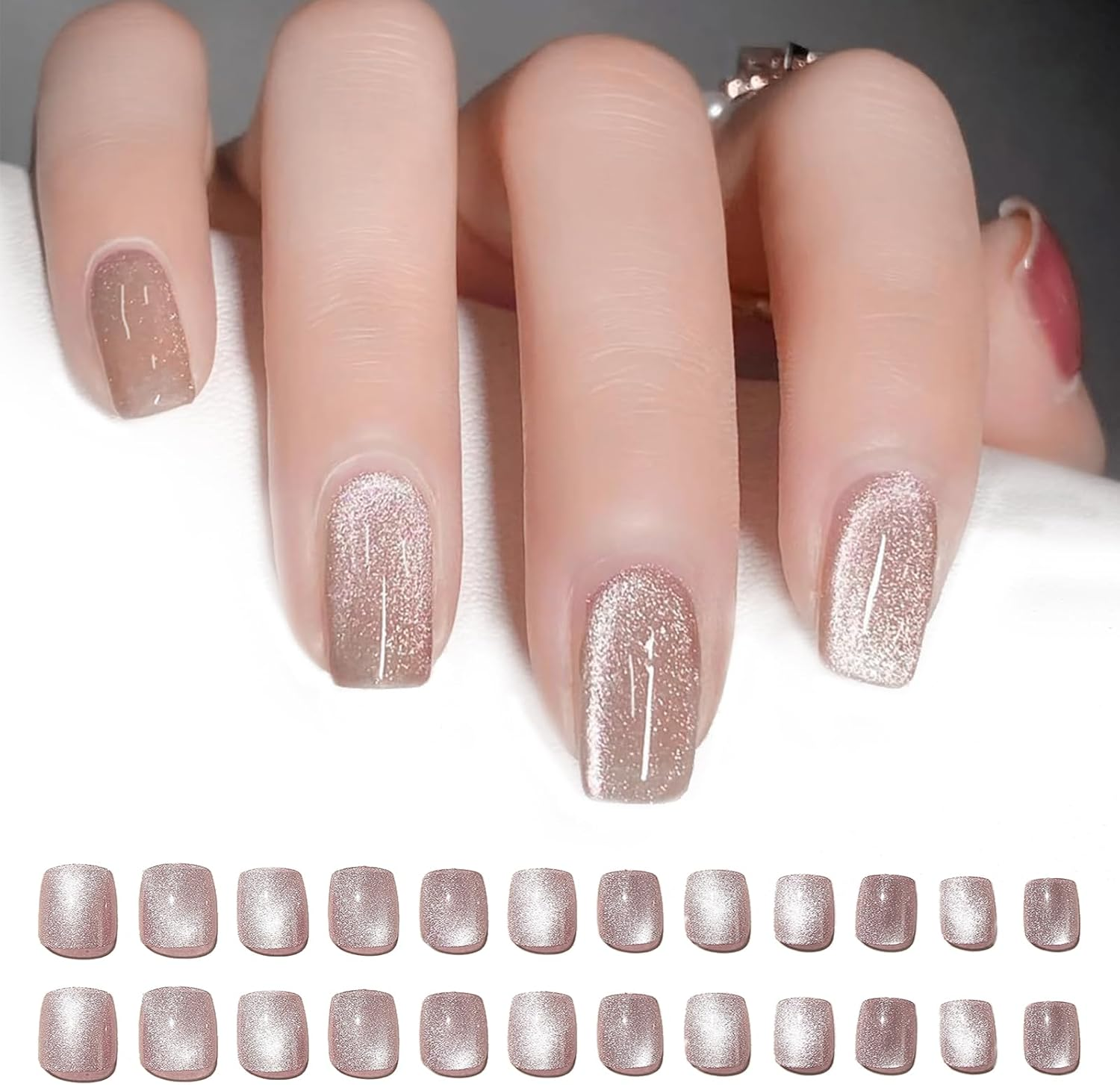 Qioon 24 Pcs Short Square Cat Eye Press on Nails, French Nude Glitter Fake Nails, Full Cover Stick-On False Fingernails with Adhesive Tabs for Women and Girls