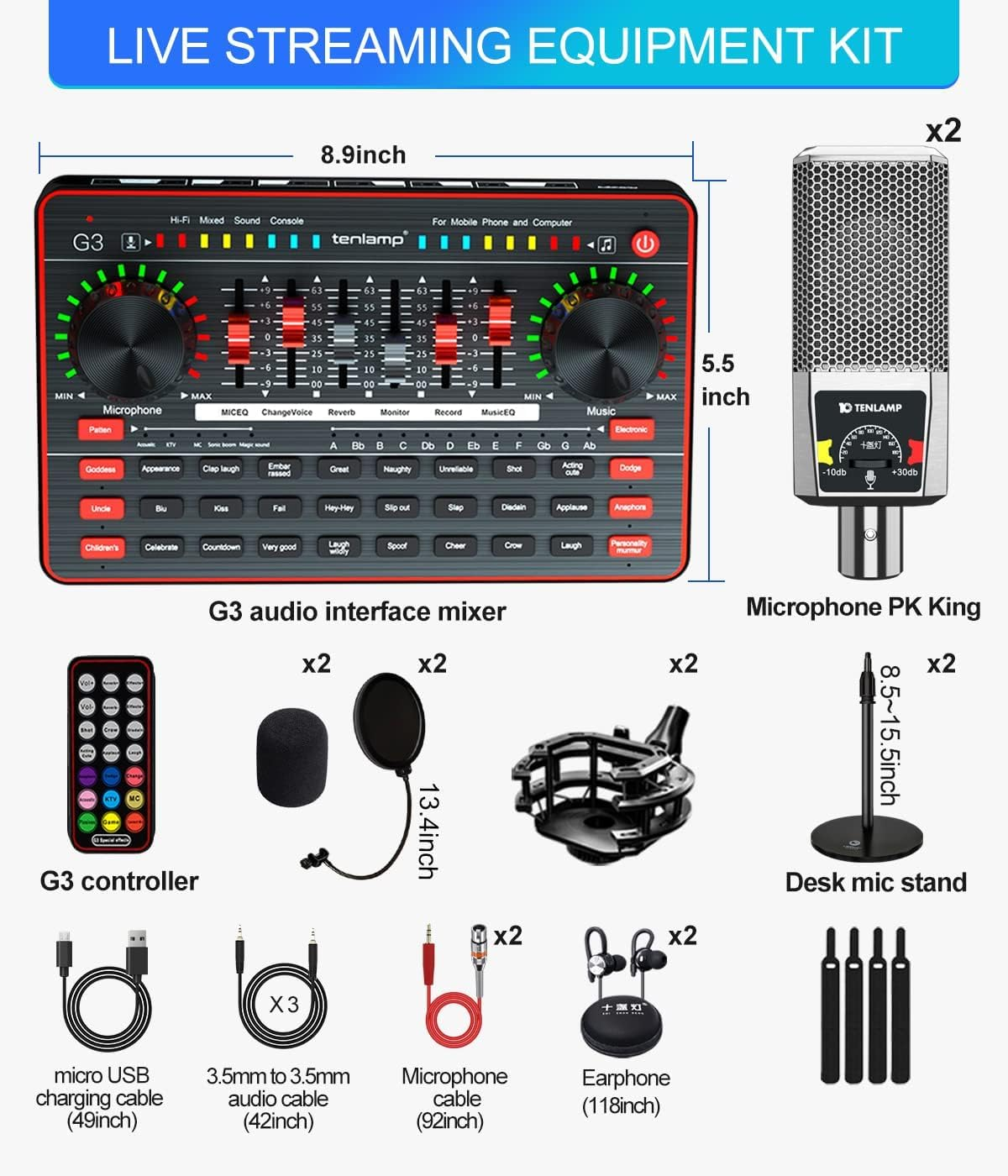 Audio Mixer with Sound Card, Tenlamp Two 3.5Mm Studio Condenser Microphone and G3 Audio Interface, Sound Board Voice Changer, Podcast Equipment Bundle for PC Recording Gaming Live Streaming Podcast