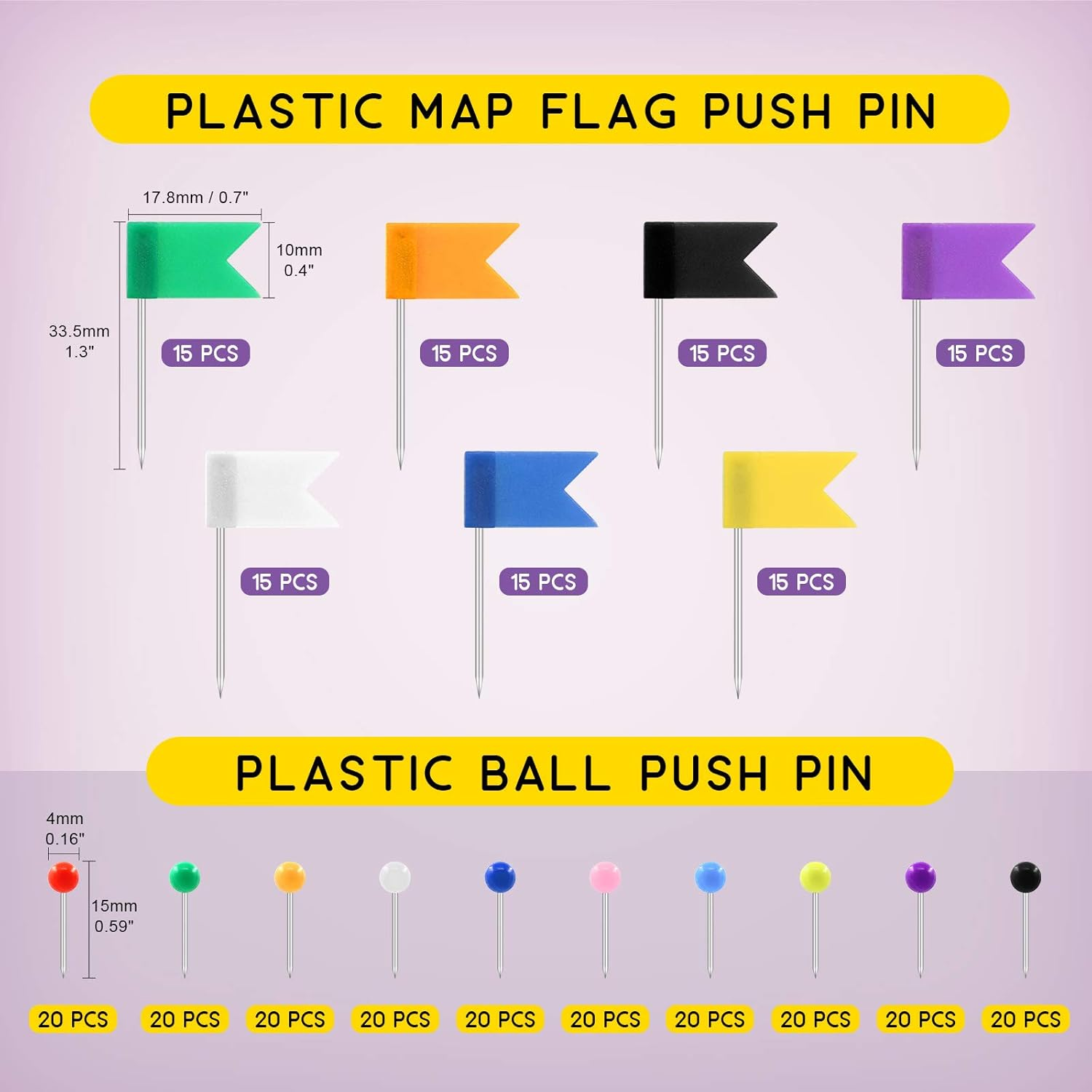 Swpeet 305Pcs 2 Types Colorful Push Pins Tacks with Steel Point Assortment Kit, 1/8 Inch Ball round Head and 7/10 Inch Map Flag Tacks Plastic Marking Pins for Bulletin Board, Fabric Marking image number 5