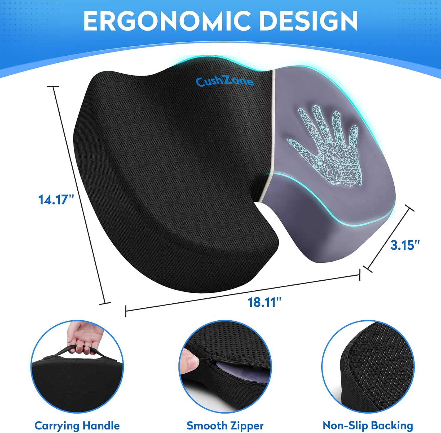 Seat Cushion for Office Chair, Car Seat, Airplane, Bleacher & Wheelchair, Ergonomic Memory Foam, Non-Slip Chair Pad, Office Desk Accessories for Back/Tailbone/Sciatica Pain Relief (Black) image number 5