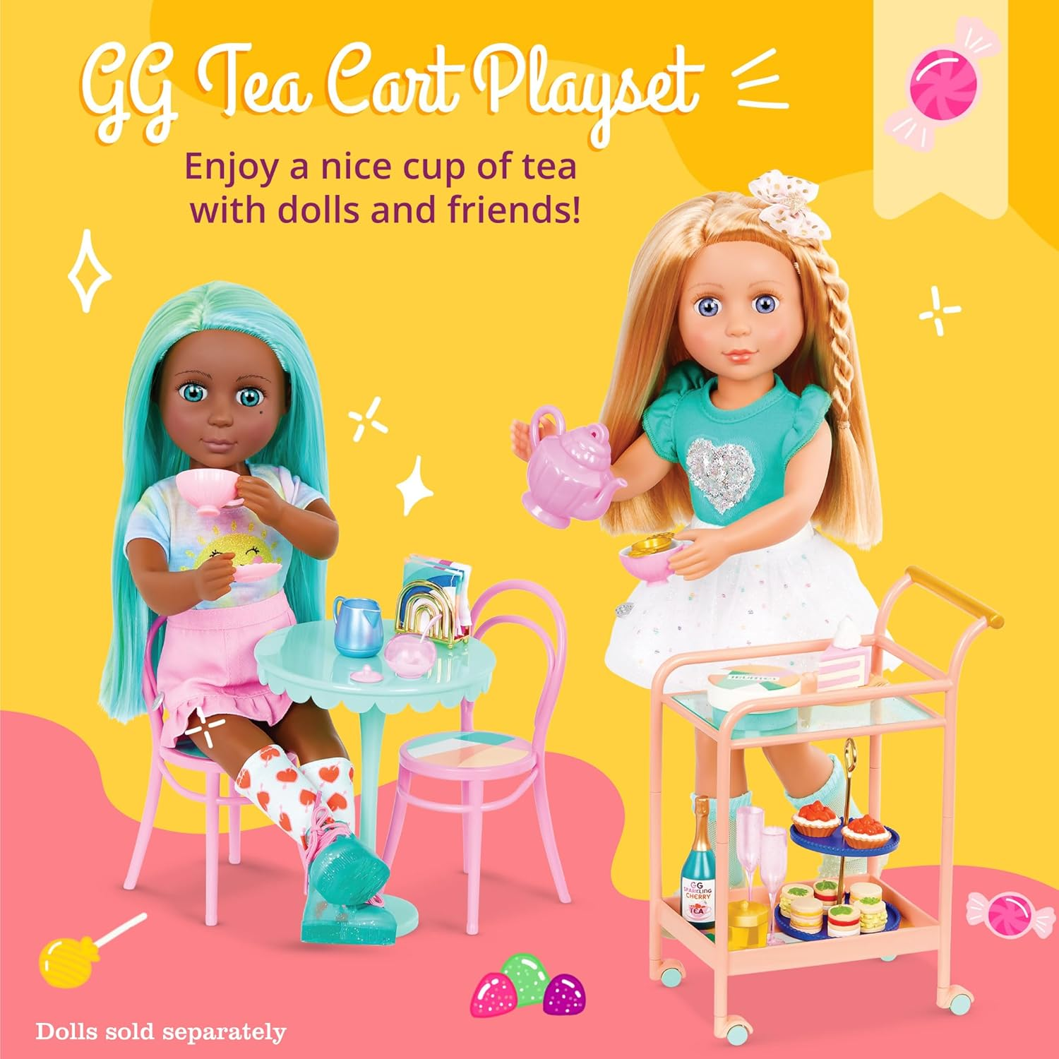 Glitter Girls &ndash; 14-Inch Doll Accessories &ndash; Rolling Tea Cart Playset &ndash; Table & Chairs Furniture, Teapot, Party Play Food &ndash; 3+ Years