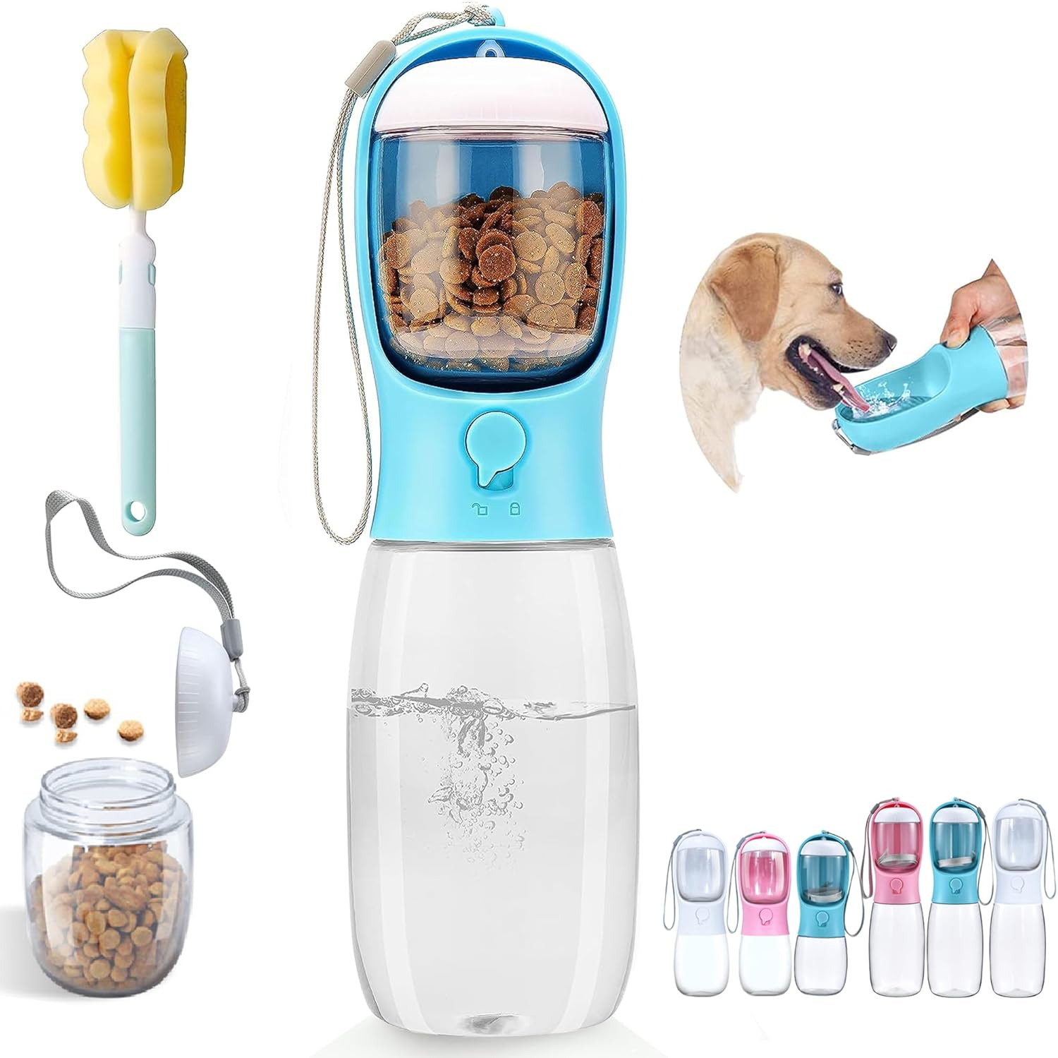 Dog Water Bottle, Portable Pet Water Bottle with Food Container, Outdoor Portable Water Dispenser for Cat, Rabbit, Puppy and Other Pets for Walking, Hiking, Travel (Blue, 550Ml+100G) image number 2