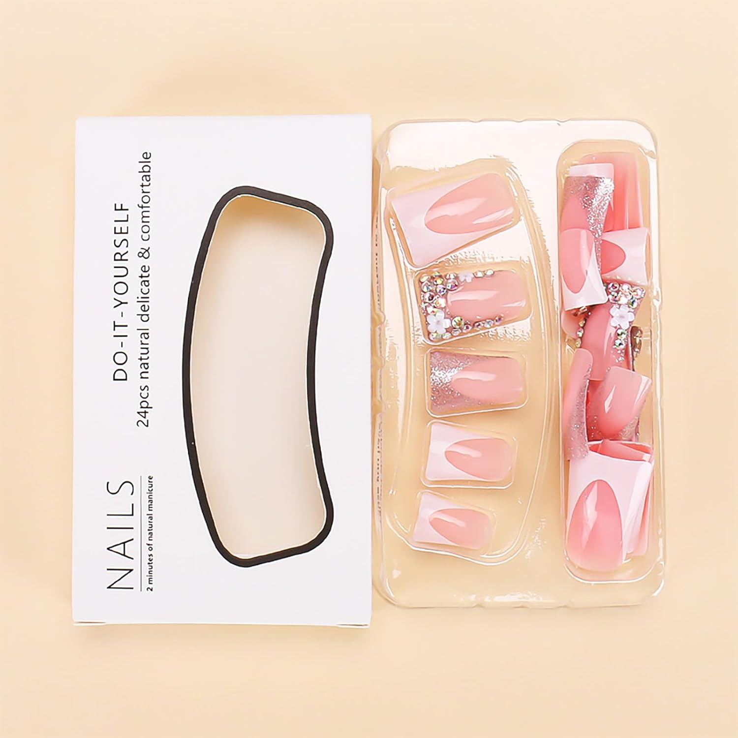 RUOKEXIN White Long French Tip Coffin False Nails Shiny Pink Glue Natural Artificial for Women