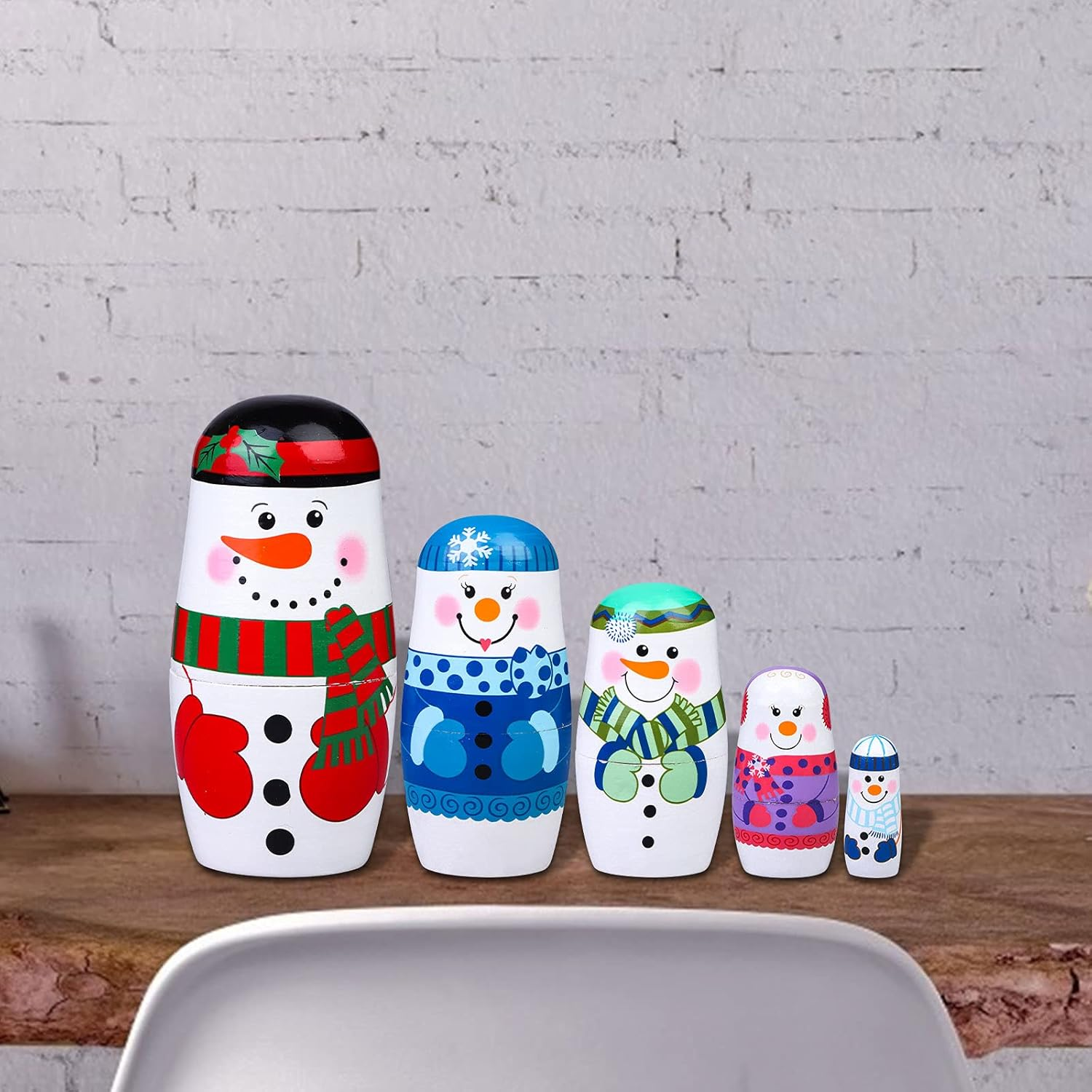 Russian Matryoshka 5 Pieces Snowman Nesting Dolls Hand Painted Figurines Wooden Stacking Dolls for Birthday Party Home Decoration, Children Kids Christmas New Year Toy image number 6