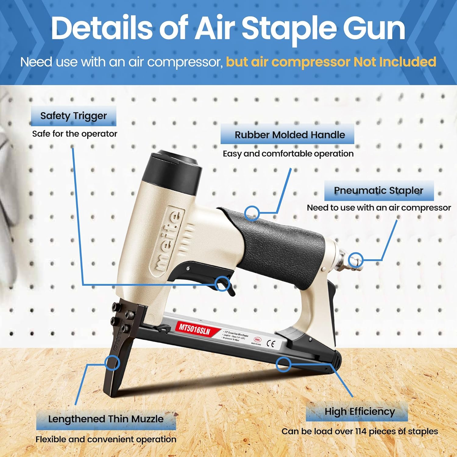 Meite MT5016SLN Pneumatic Upholstery Stapler with Safety Switch, Long Nose Air Staple Gun, 20 Gauge 50 Series / 6 to 16 Mm Lightweight Upholstery Air Stapler for DIY, Funiture and Woodworking image number 4