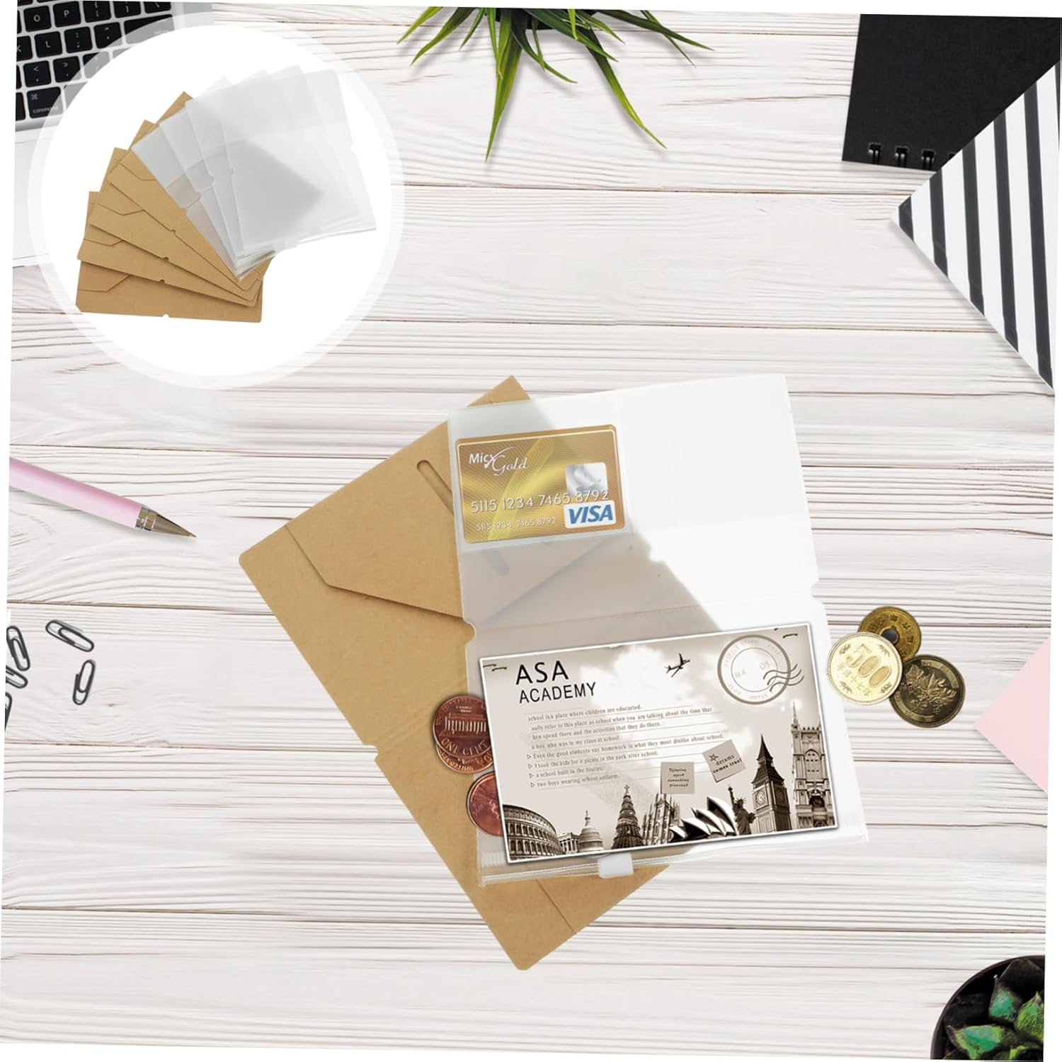 STOBOK Elegant Kraft Paper Passport Pouch 4 Pack PVC Travel Document Holder for ID and Credit Cards image number 6