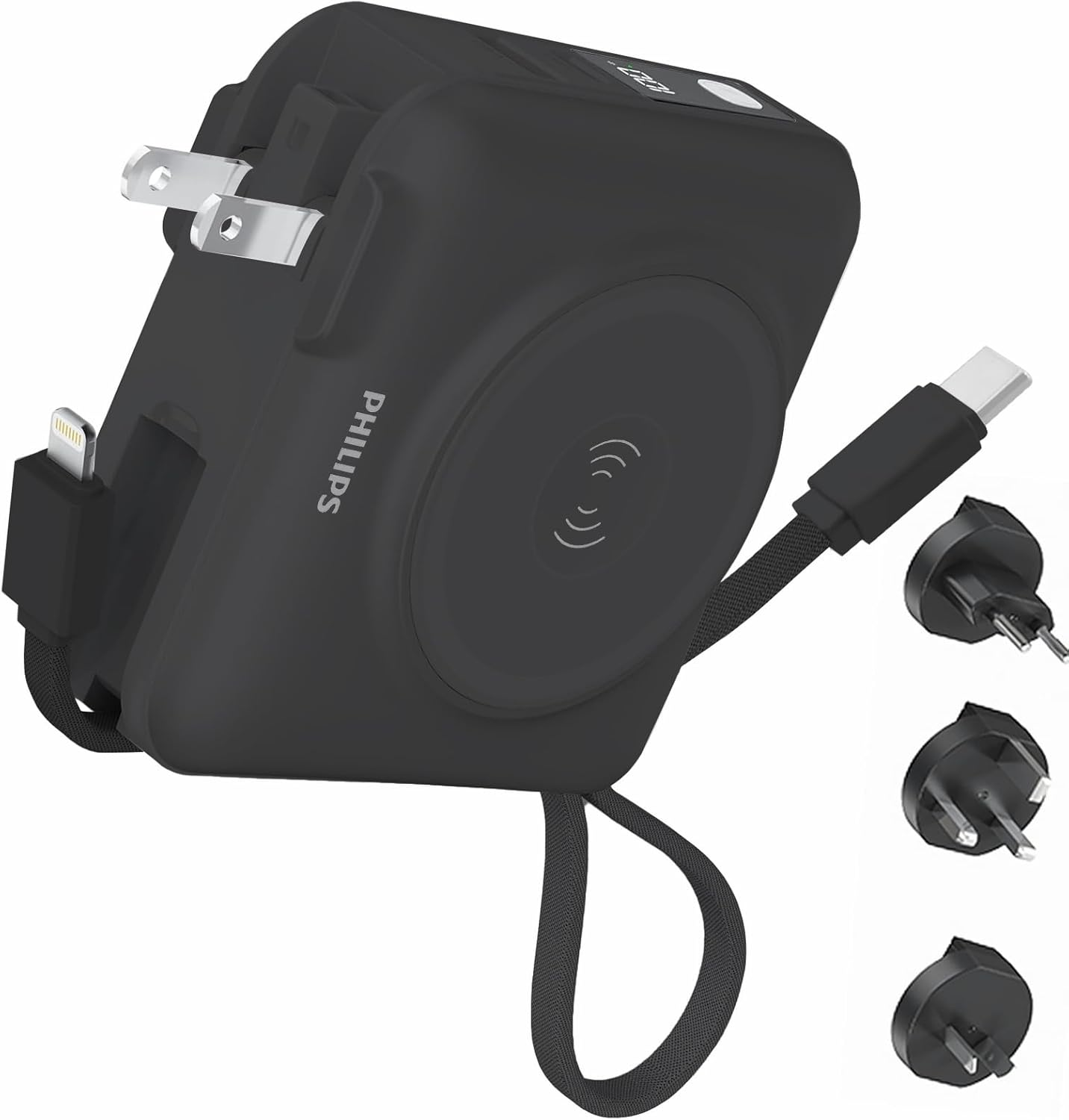 PHILIPS Power Bank Wireless| 15000Mah Powerbank Built-In Cable 5 in 1 Portable Battery Pack, Magnetic Universal Travel Fast Charging Adapter (UK,EU,AU) Compatible with Magsafe Iphone,Airpod, Iwatch