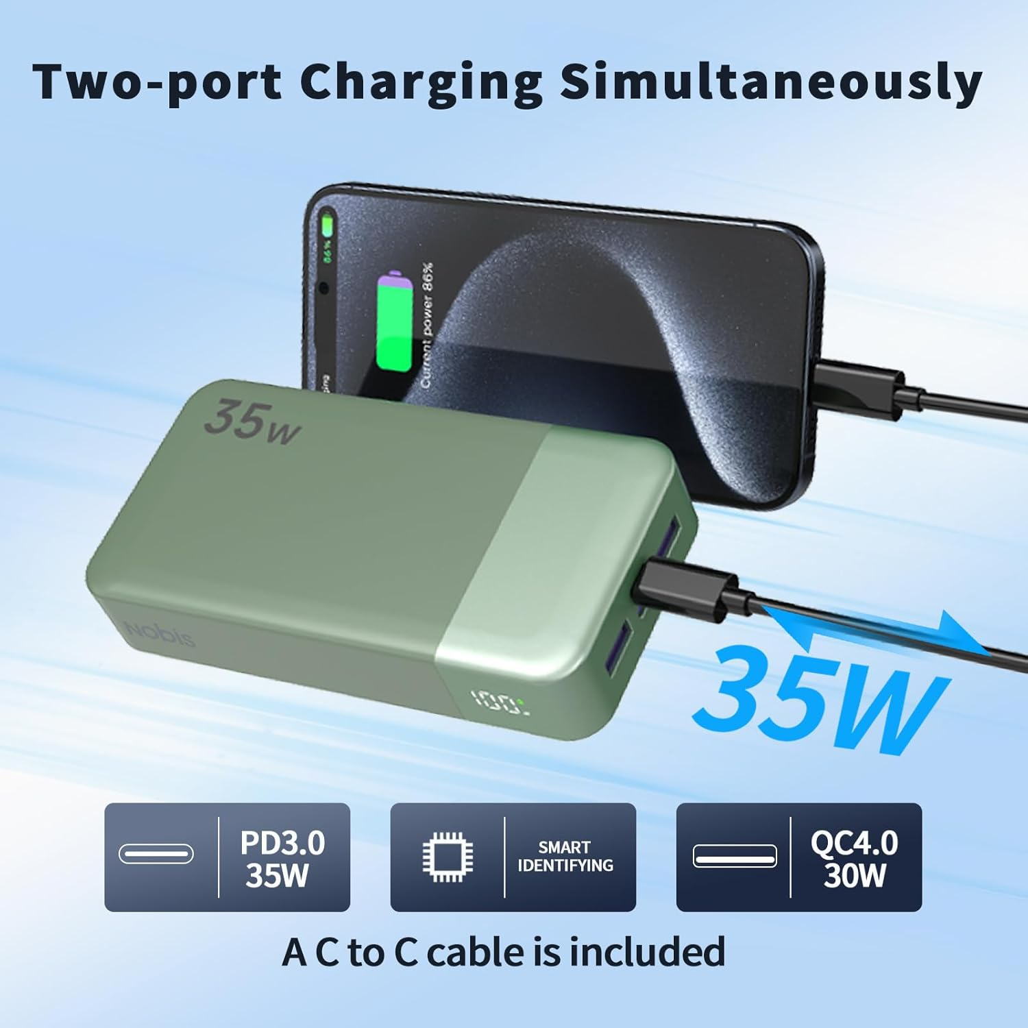 NOBIS Power Bank, 35W 20000Mah Portable Charger, USB C Fast Charging, 4 Ports External Battery Pack with LED Digital Display, Compatible with Laptop, Phone 15 14 13 Pro S23 S22 (Green) - Blue image number 7