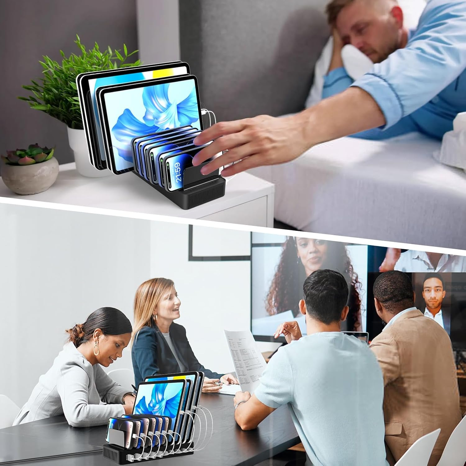 100W USB C Charging Station for Multiple Devices - 10 Ports USB Charger Hub with Smart IC Tech, Flat Plug, Adjustable Dividers, Compatible with Iphone, Ipad, Galaxy, Tablet image number 5