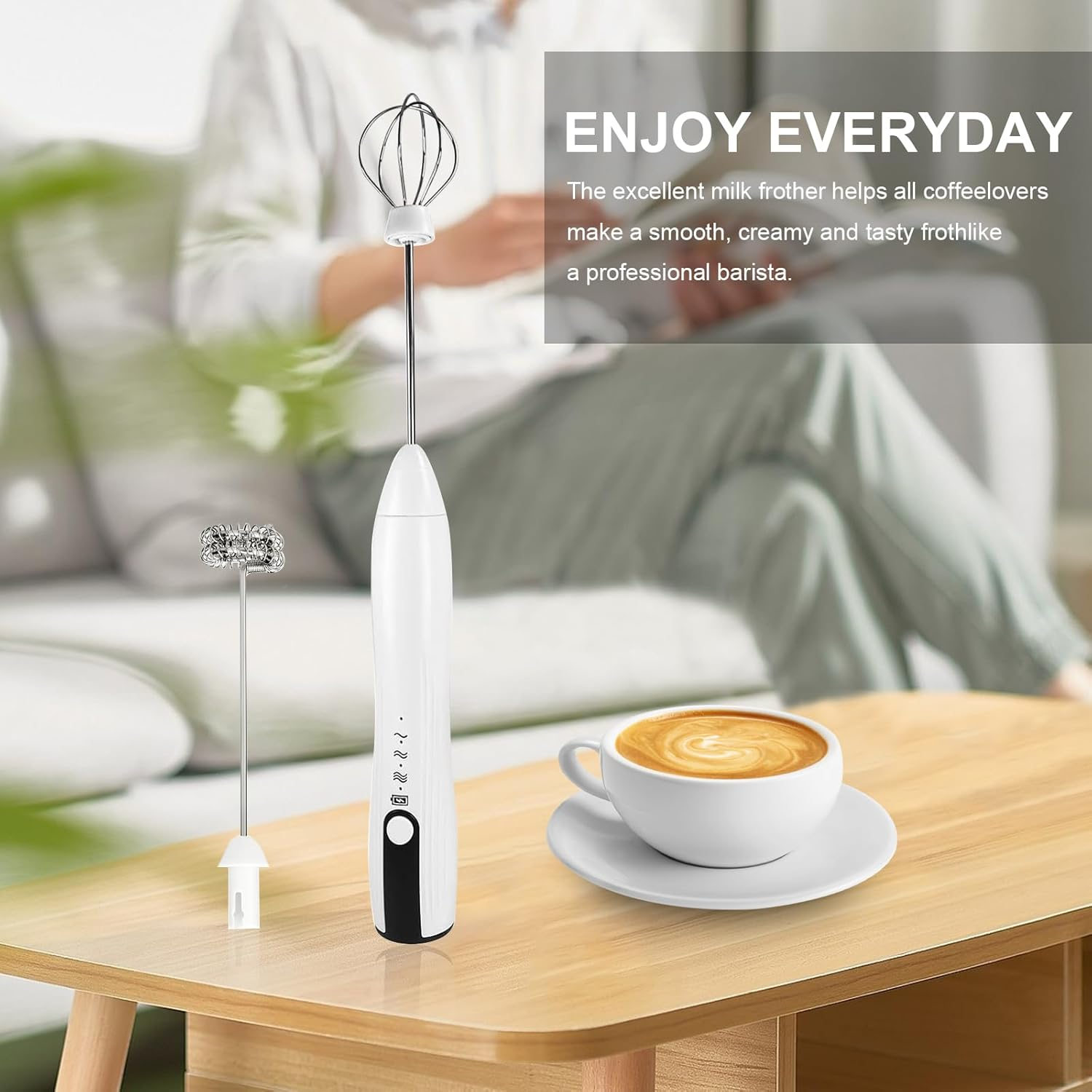Powerful Handheld Milk Frother, Rechargeable Milk Frother Handheld Foam Maker with Stainless Whisk for Cappuccino, Latte, Bulletproof Coffee, Keto Diet, Protein Powder, Matcha image number 4