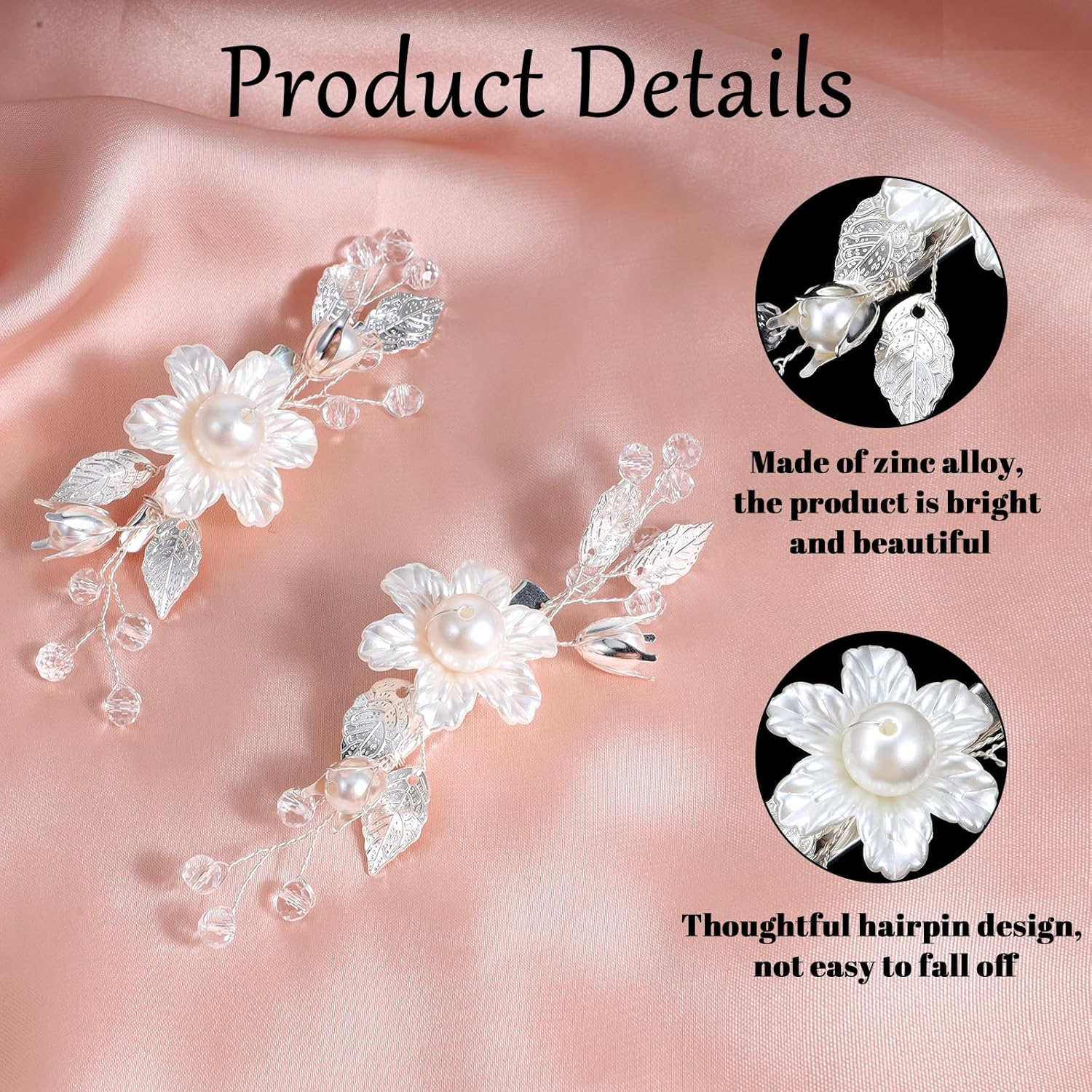 Pack of 2 Silver Flower Pearl Bridal Hair Accessories, Silver Hair Pins Wedding, Hair Accessories for Women and Girls image number 4