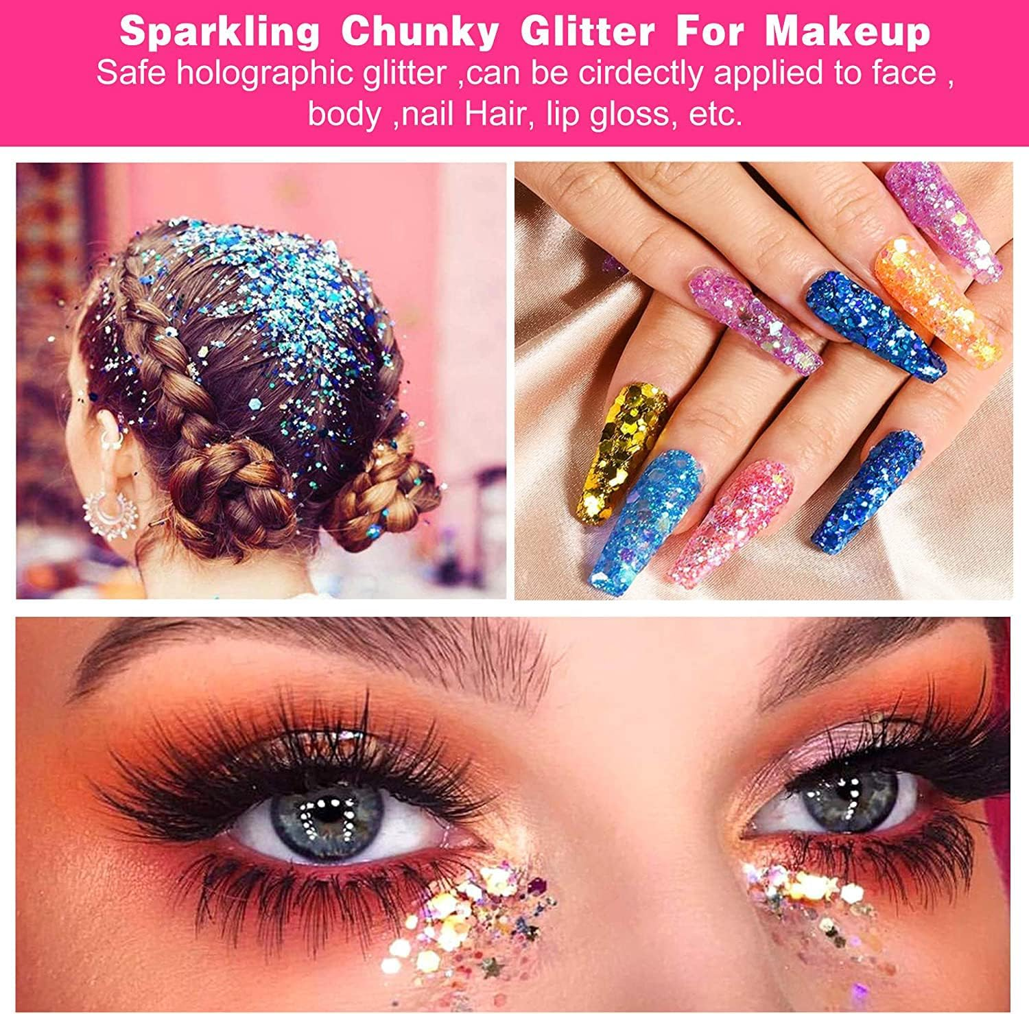 Holographic Chunky Glitter, 100G Royal Blue Cosmetic Craft Glitter for Epoxy Resin, Nail Sequins Iridescent Flakes, Body, Face, Hair, Nail, Glitter Slime Making image number 1