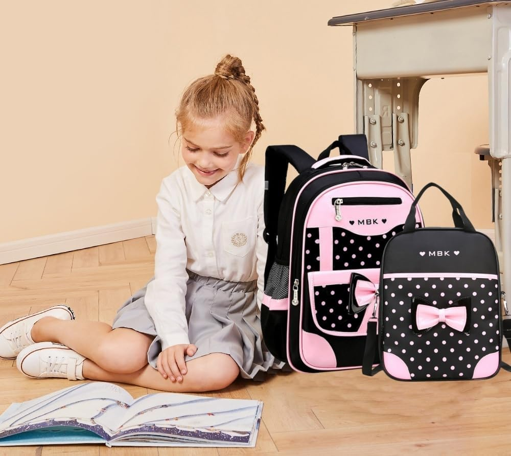 VIDOSCLA Bowknot Wave Point Prints Primary School Bookbag Rucksack Kids School Backpack Sets Student Book Bag for Students